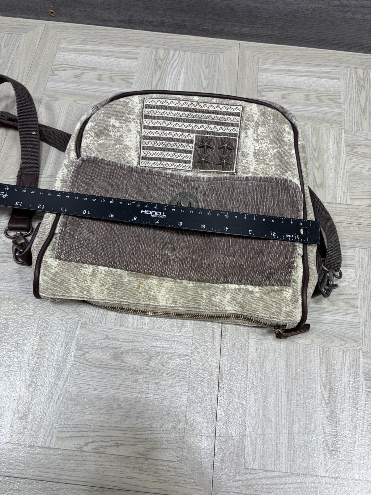 Bella Taylor American Flag USA Crossbody Purse Handbag Canvas Beige Tan Brown