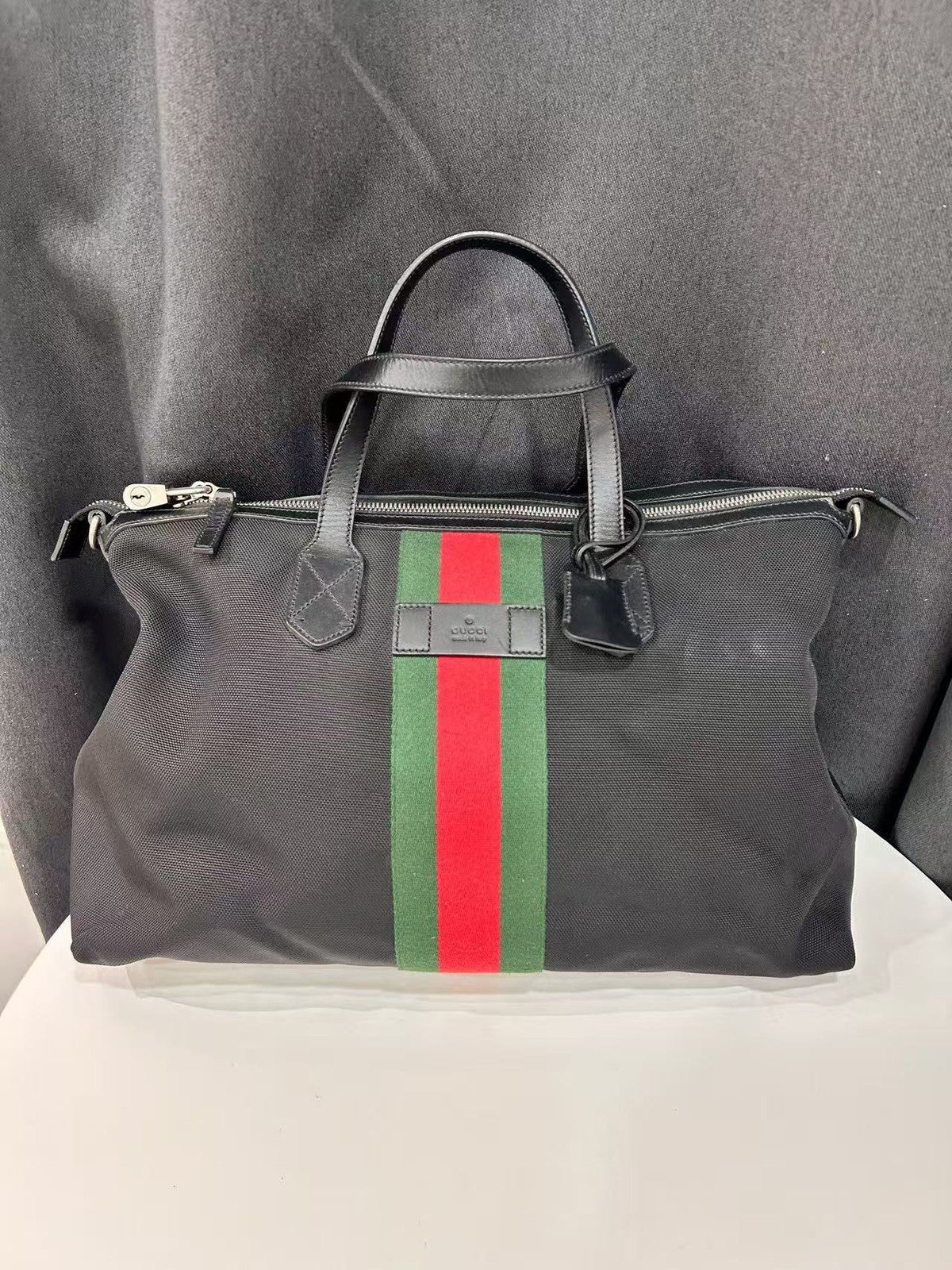 Gucci Web Stripe Tote Bag Black Canvas Made in Italy