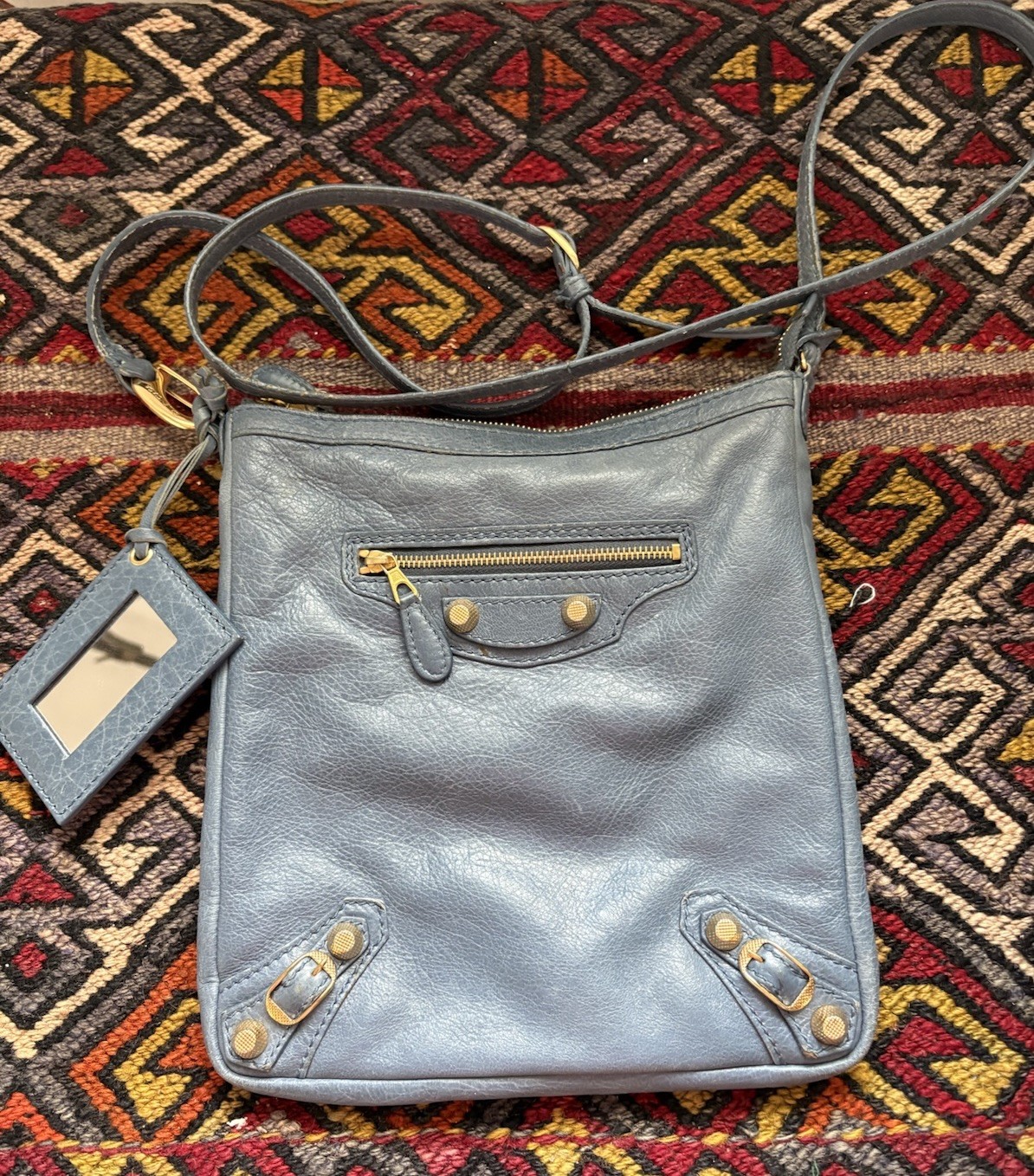 Balenciaga Blue Lambskin Flat Crossbody Bag
