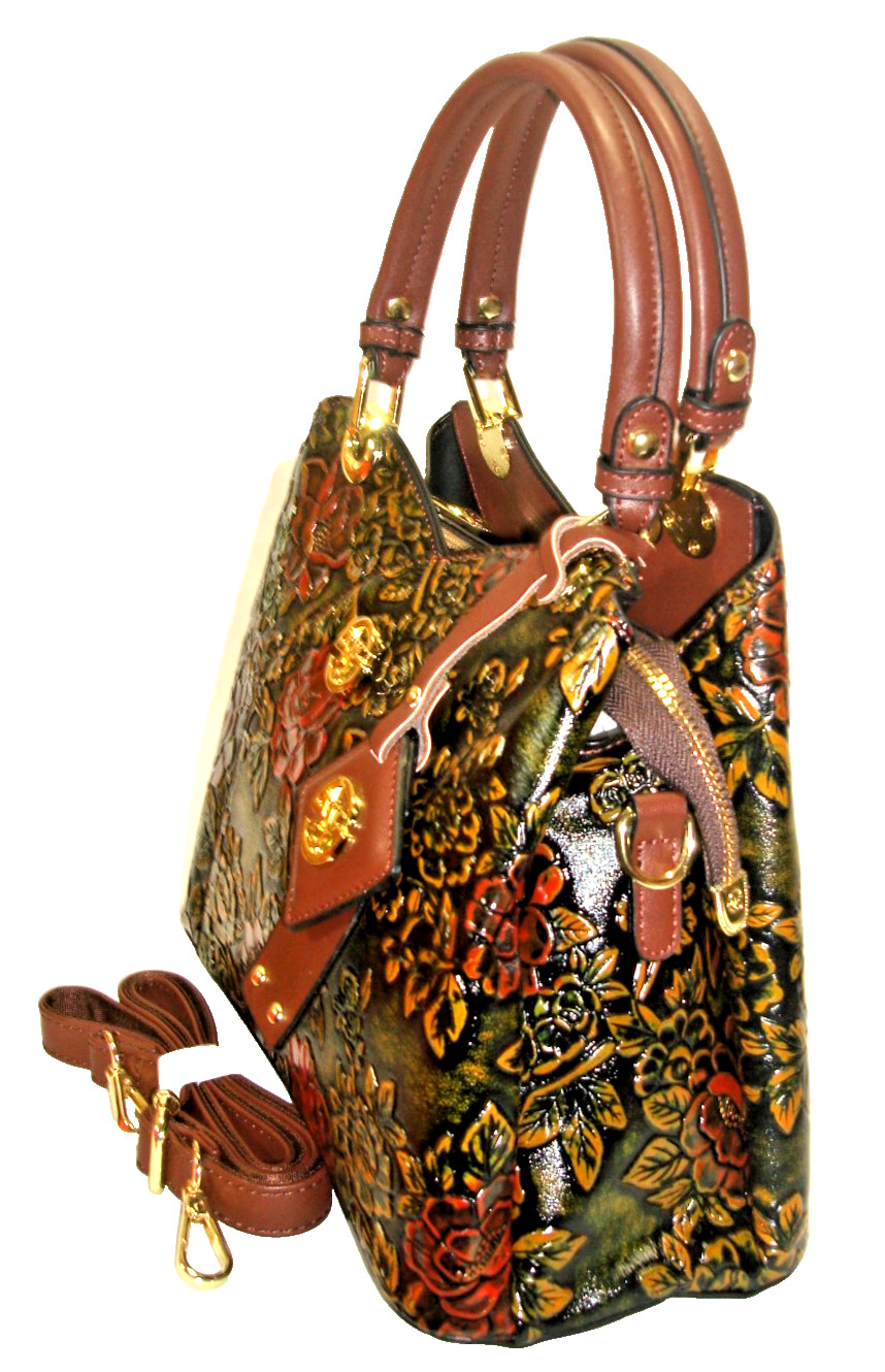 Siweiya Quality Vegan Leather Tooled Floral Motif Satchel Shoulder Bag NWOT