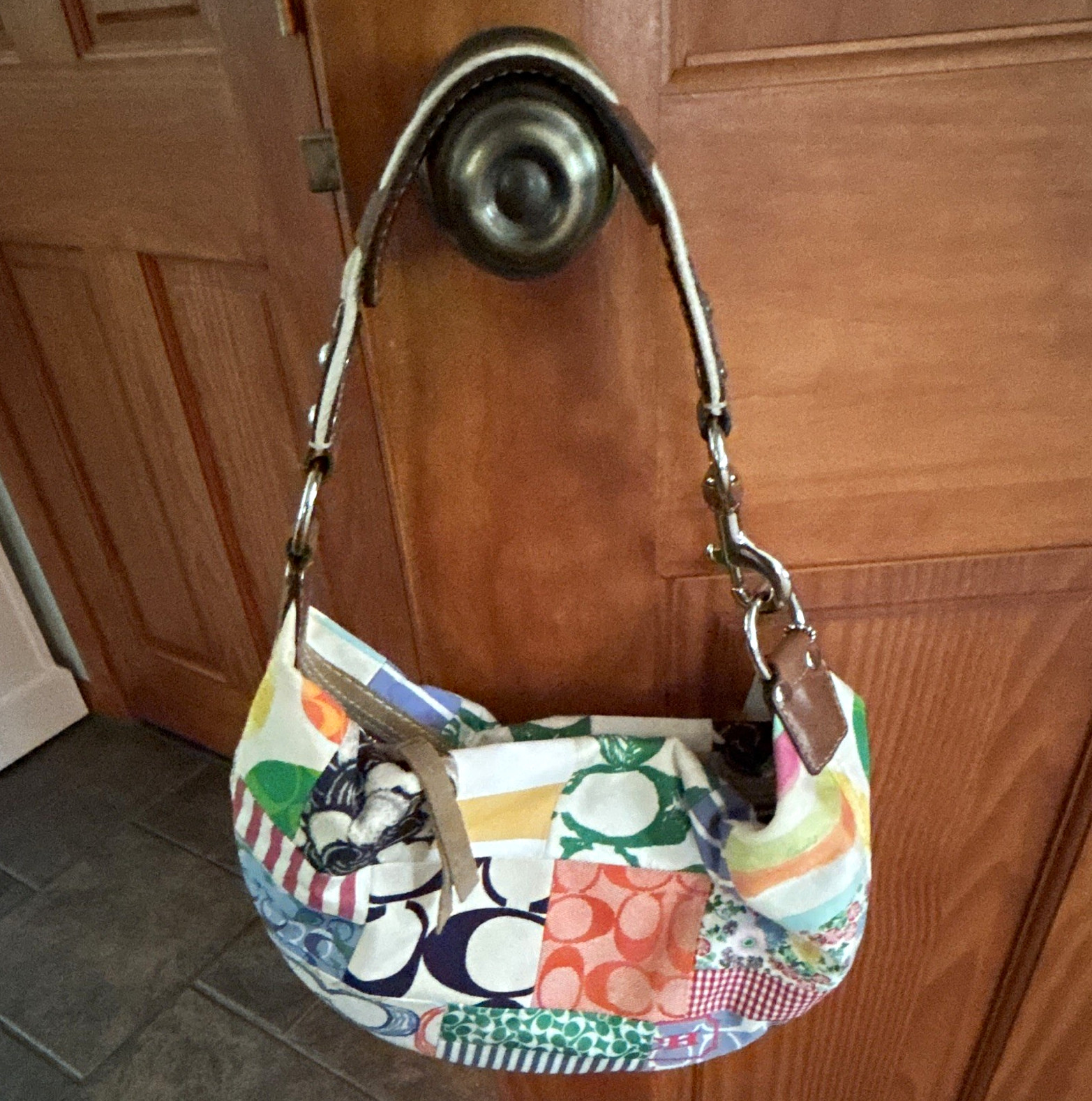 Coach Multicolor Patchwork Small Crescent Shoulder Bag Zip Brown Strap, C