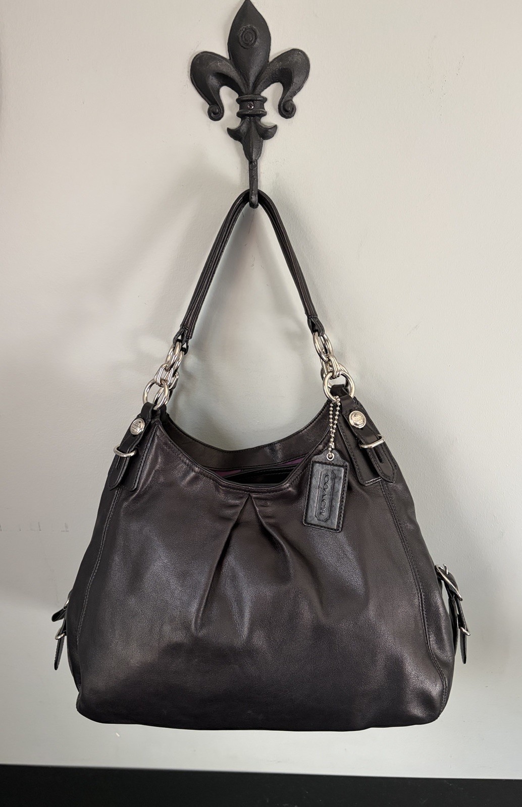 COACH Mia Large Maggie Vintage Hobo Bag Black Leather/ Purple Interior/ Silver