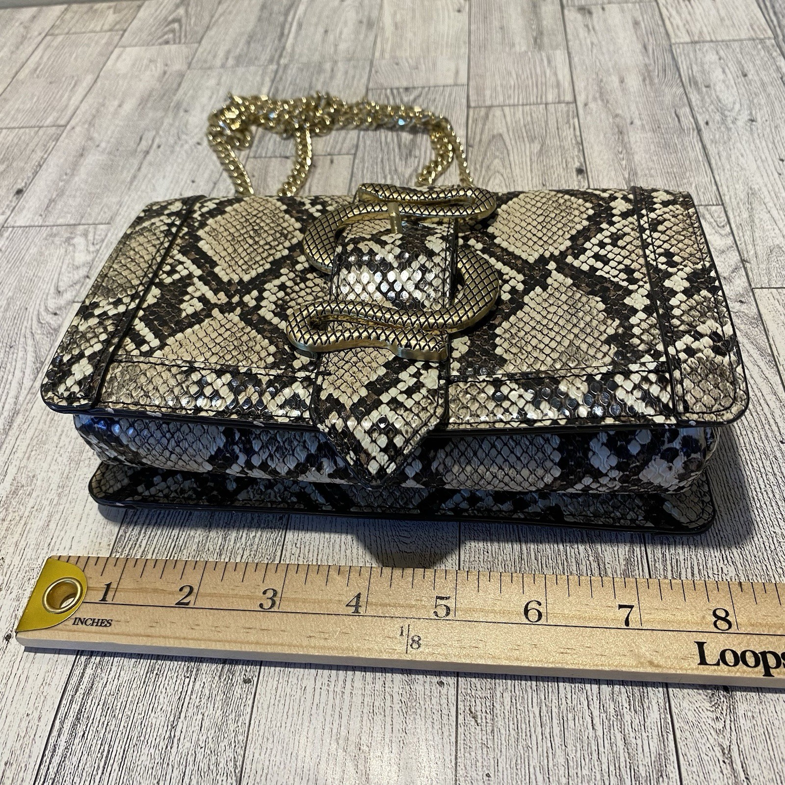 Express Snakeskin Print Crossbody Bag Gold Snake Buckle Chain Strap Purse