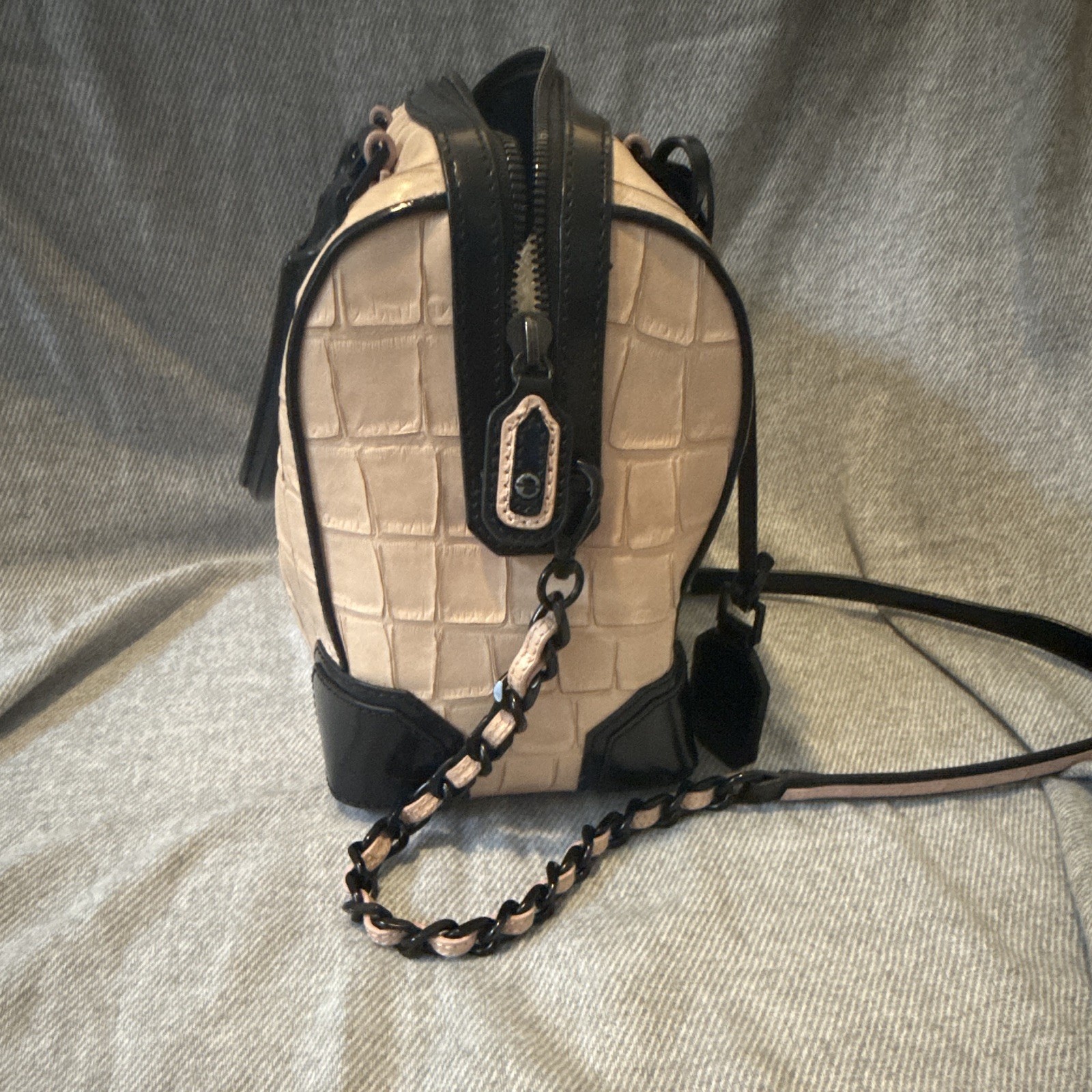 Alice + Olivia Beige/Black Croc-Embossed Satchel w/ Strap, Coin Purse