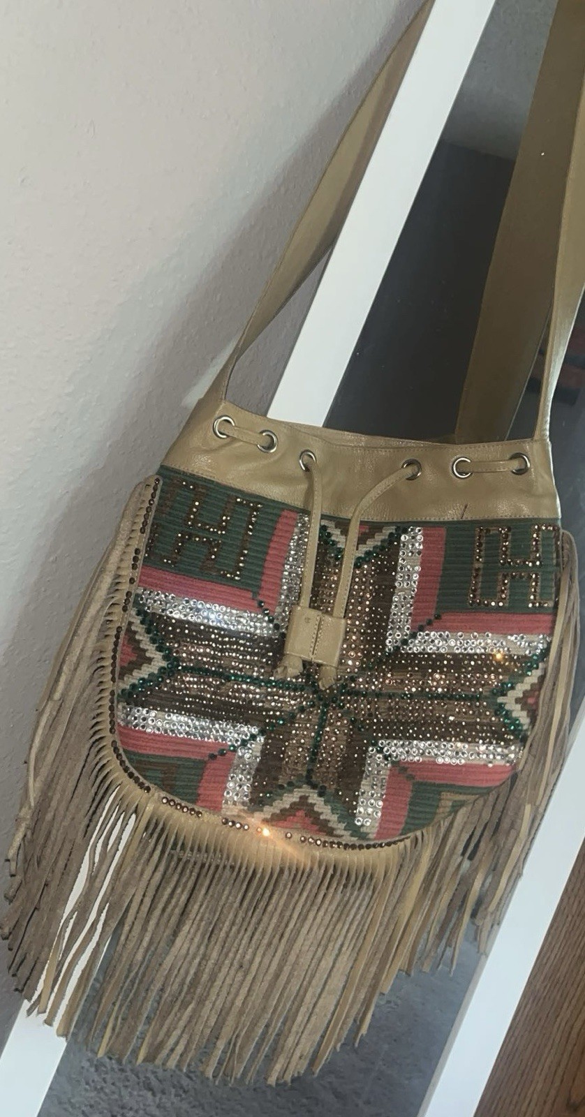 Womens Beige Geometric Shoulder Bag Drawstring Fringe Beaded Boho Western