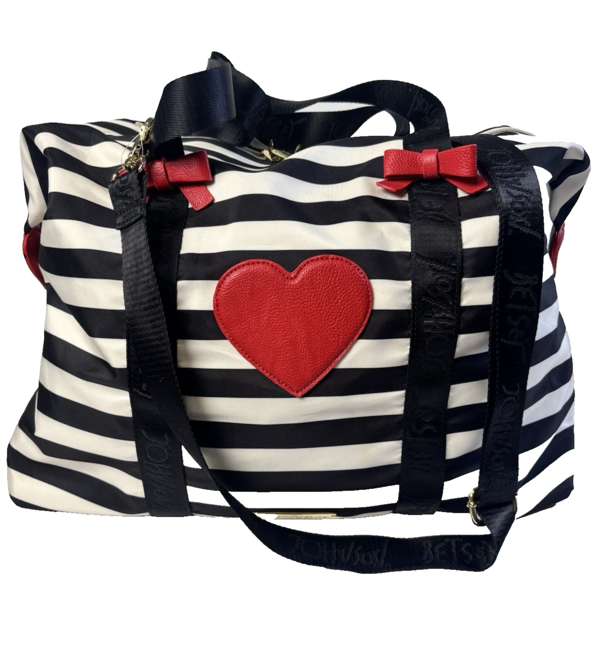 Betsey Johnson Striped Weekender Travel Duffel Bag Black/White Red Heart