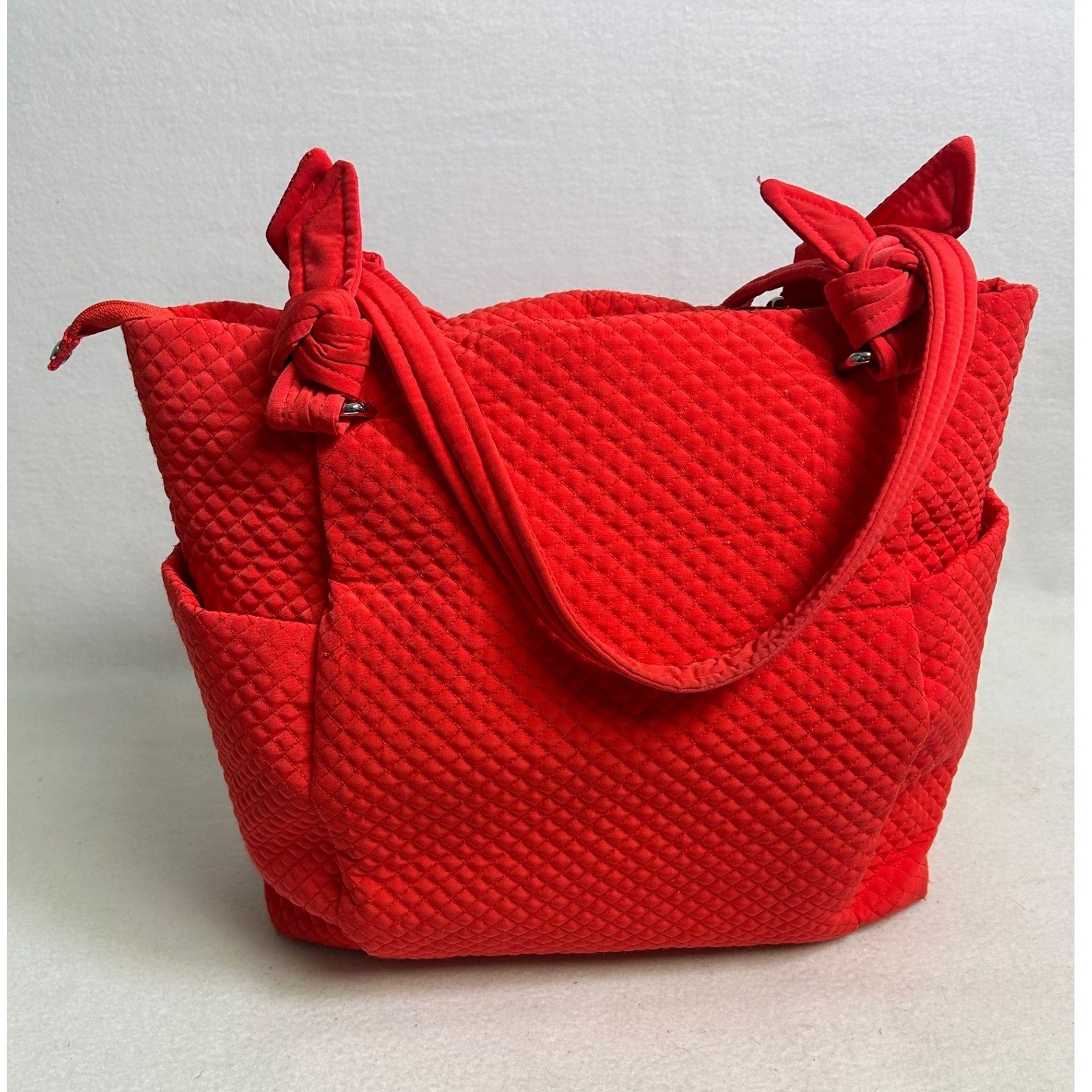 Preppy Vera Bradley Womens Large Red Quilted Microfiber Tote Bag Knot Straps