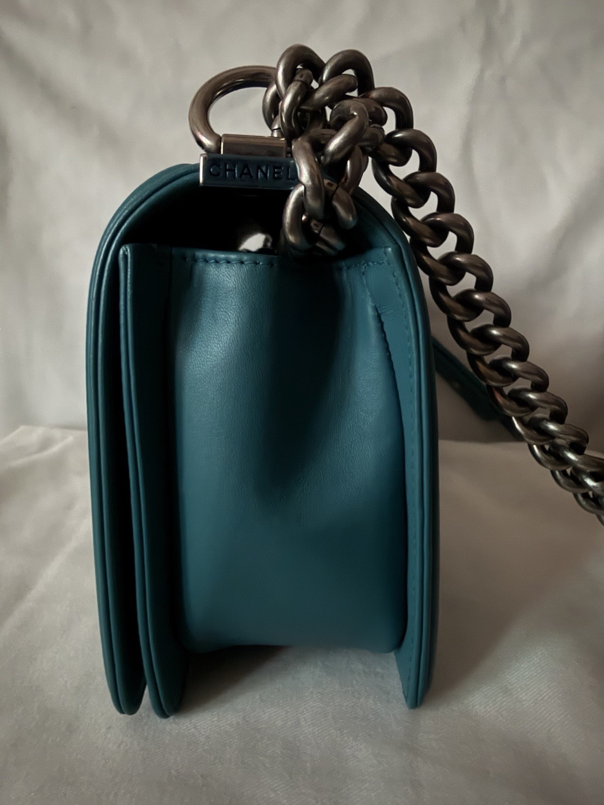 CHANEL LE Boy Flap Bag Lambskin Leather Medium Teal Turquoise Silver Hardware