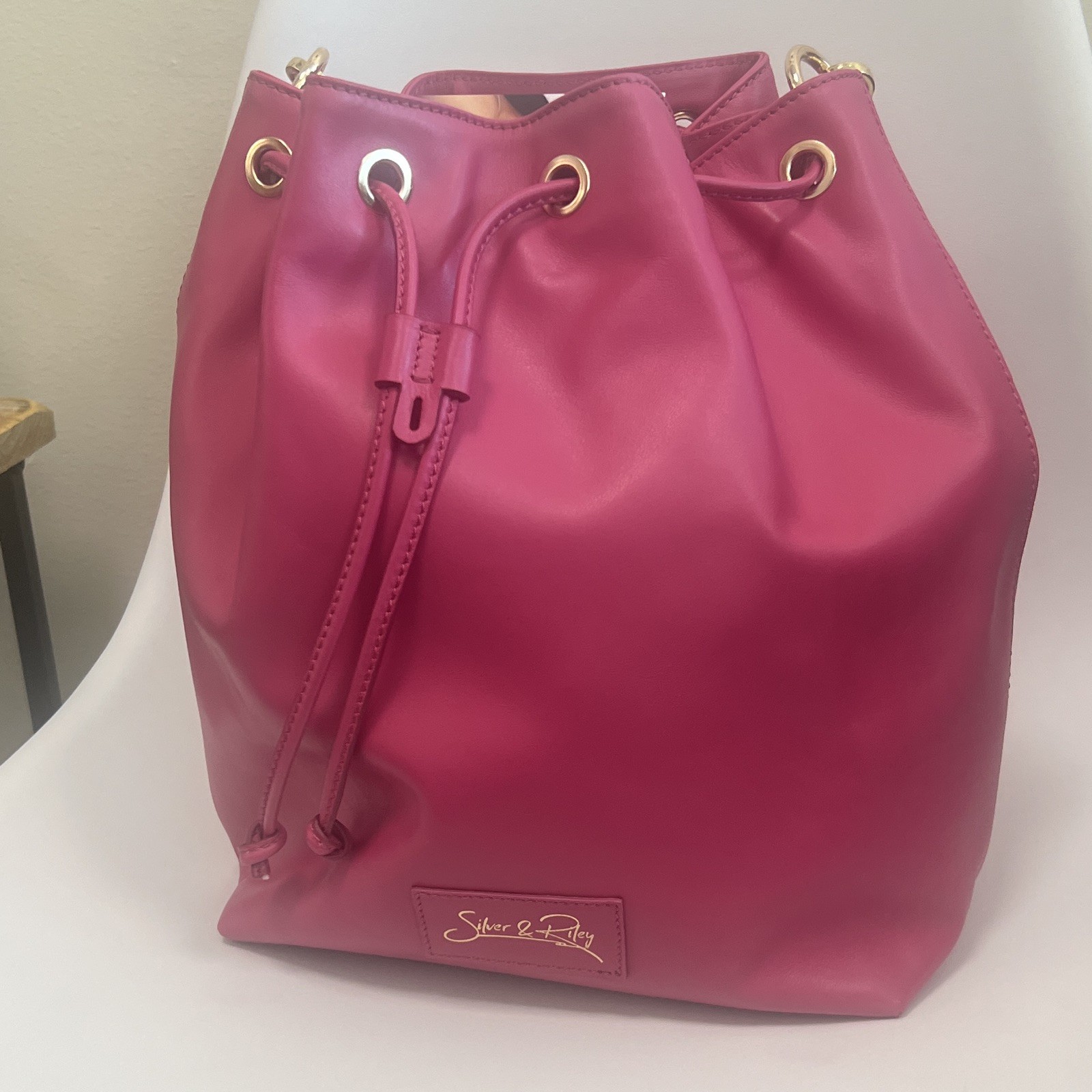 Silver & Riley Pink Medium Bucket Drawstring Bag Gold-Tone Grommets Strap