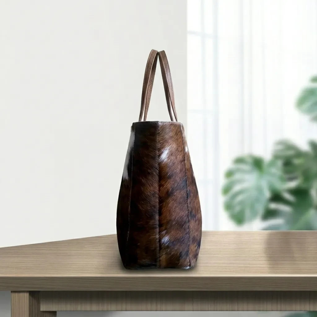 Cowhide Leather Tote Bag, Brown White Cow Print Purse, Shoulder Bag, Women