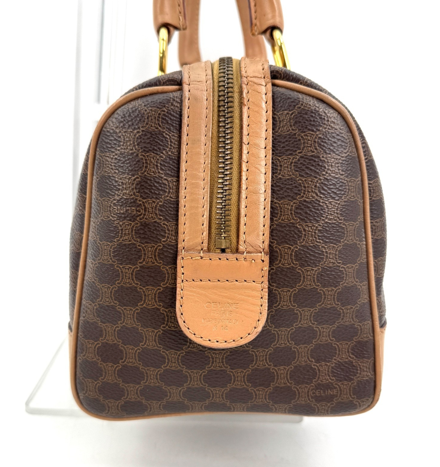 CELINE Mini Boston Bag Macadam PVC Leather Brown Vintage Authentic