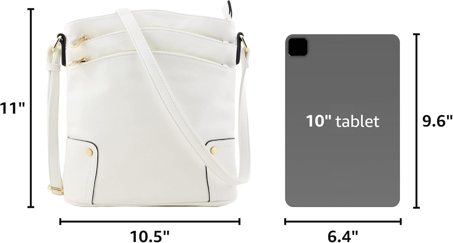 Lightweight Triple Zip Crossbody Bag – Spacious Faux Leather Handbag, 11 Inches