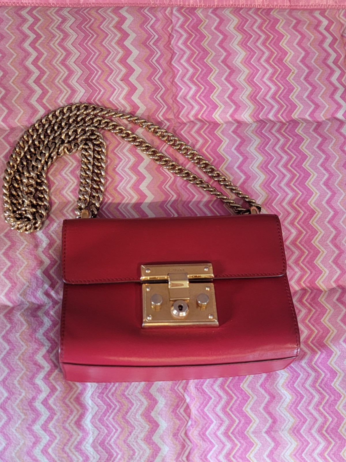 Gucci Padlock Small Red Leather Chain Shoulder Crossbody Bag Gold Hardware