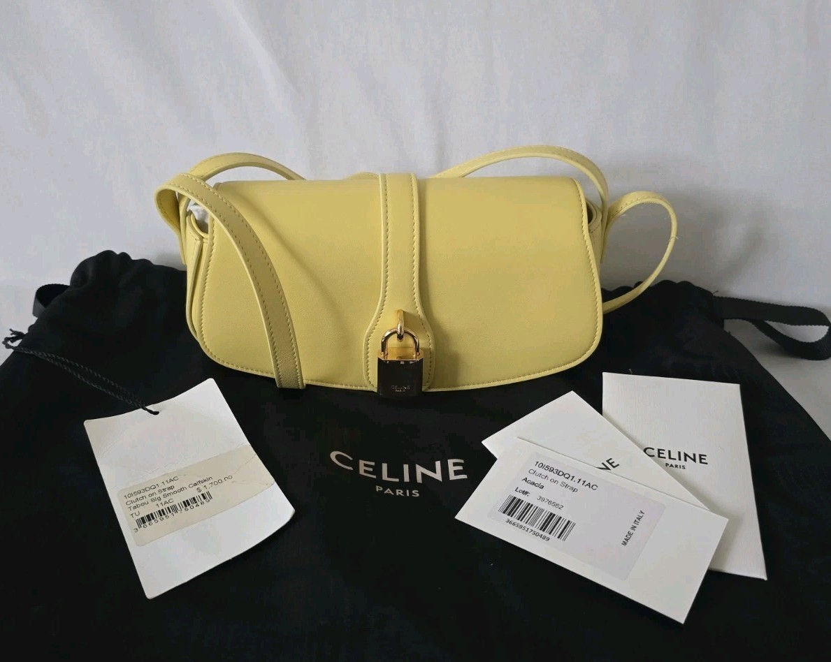 CELINE Tabou Clutch on Strap Acacia Smooth Calfskin Shoulder Bag Gold Lock Tags