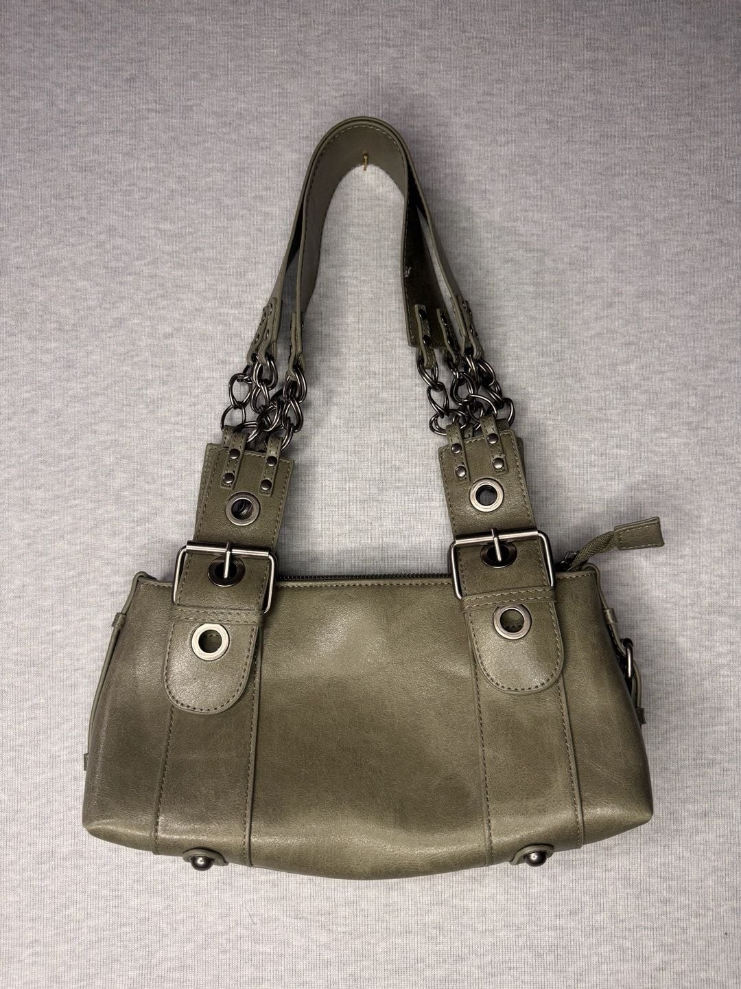 Silence & Noise Faux Leather Shoulder Bag in Sage Green with Buckle and Chain De