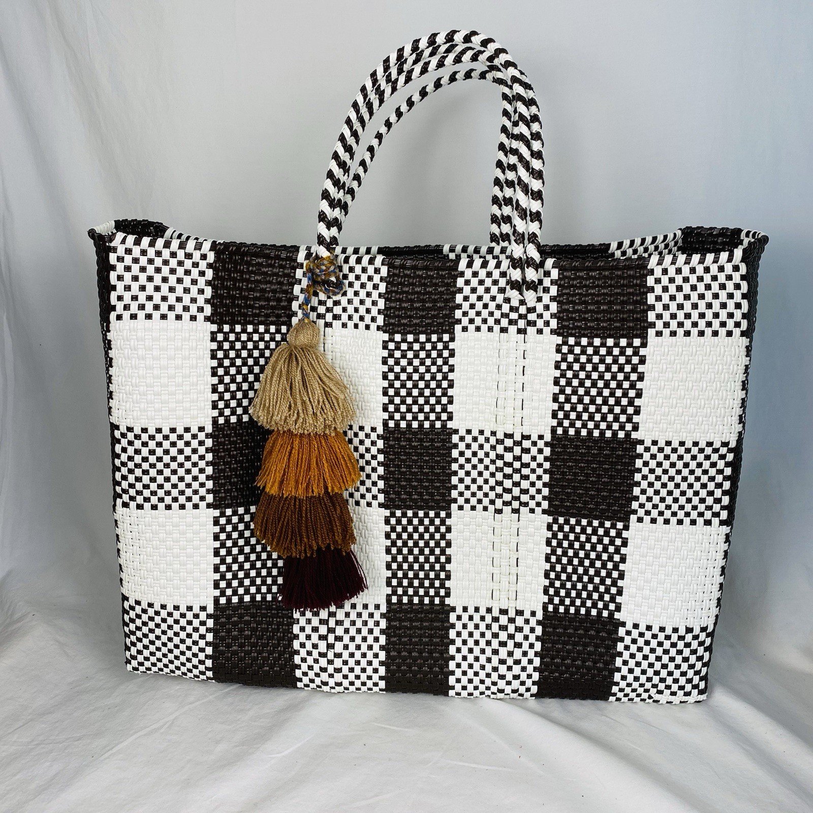 Oaxaca Mexico Hand Woven Recycled Plastic 16″ Brown Gingham Market Tote Bag