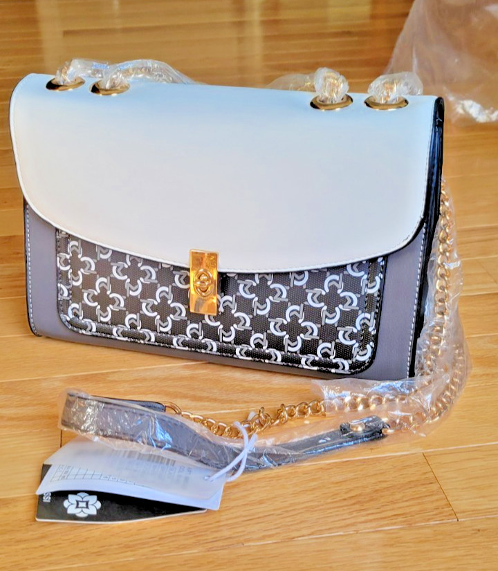 NEW w/Tags -Micussi Hand or Shoulder Bag- Gray, Ivory & Black w/Gold Chain Strap