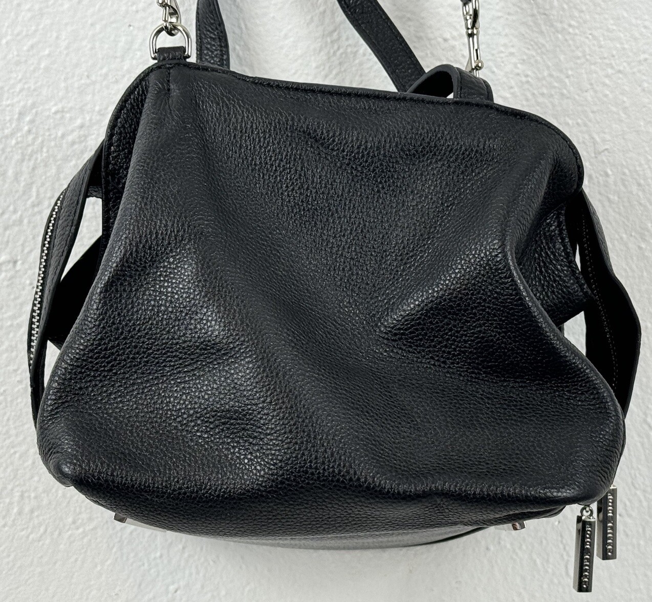 Celine Dion Black “Mezzo” Pebbled Leather Satchel w/ Crossbody Strap