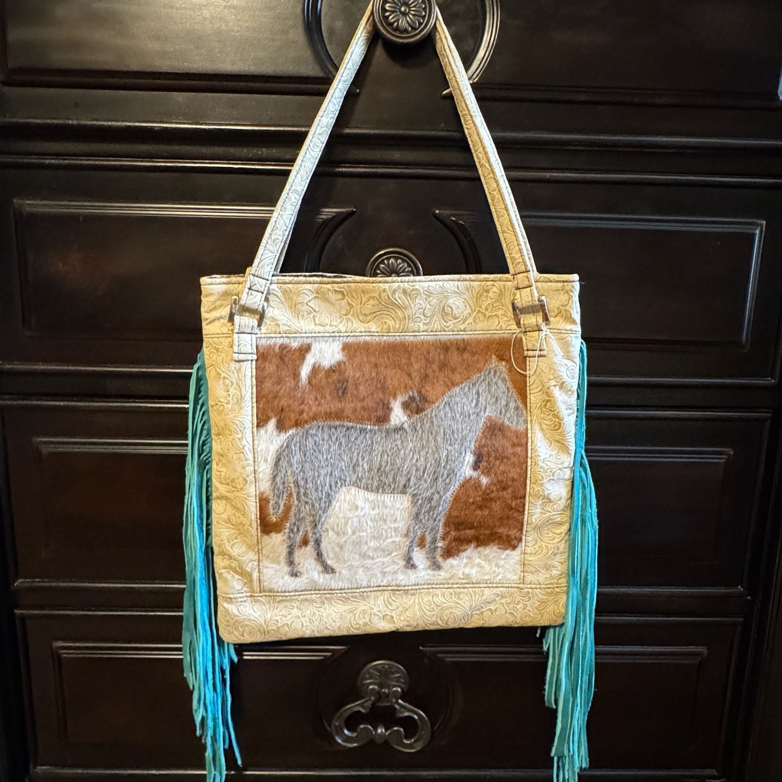 Western Cowhide Horse Tote Bag Tooled Leather Turquoise Fringe Purse 14”