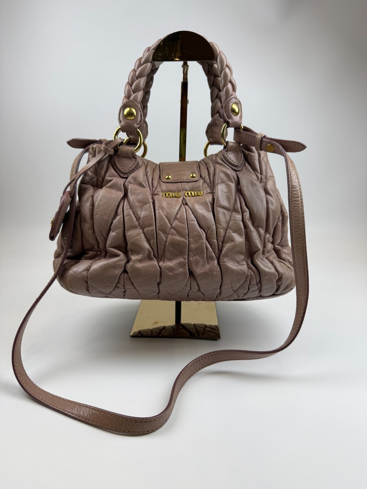 Miu Miu Matelasse Pink Pleated Leather Braided Top Handle Satchel Bag
