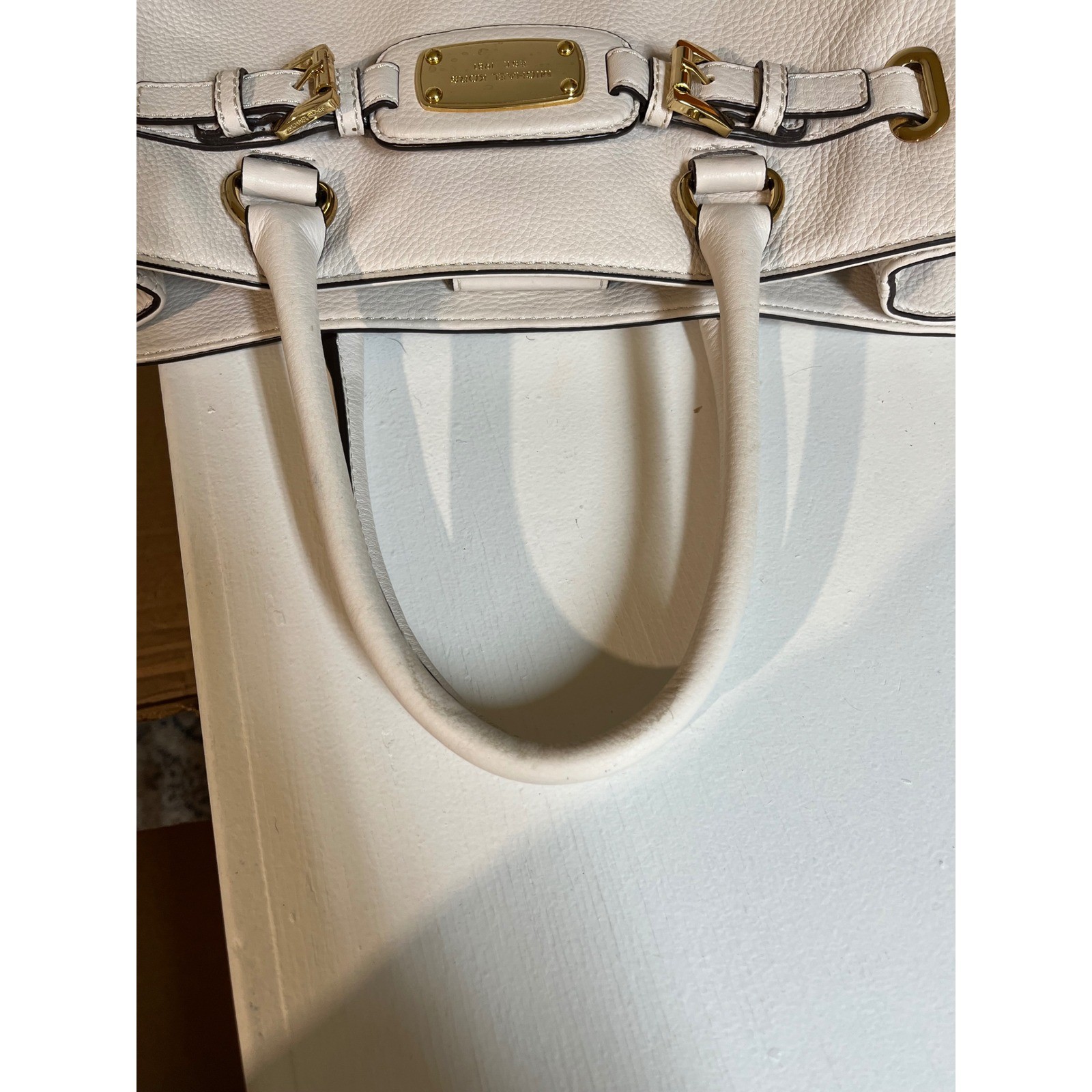 Michael Kors White Leather Tote Handbag Gold Hardware Studded Detail