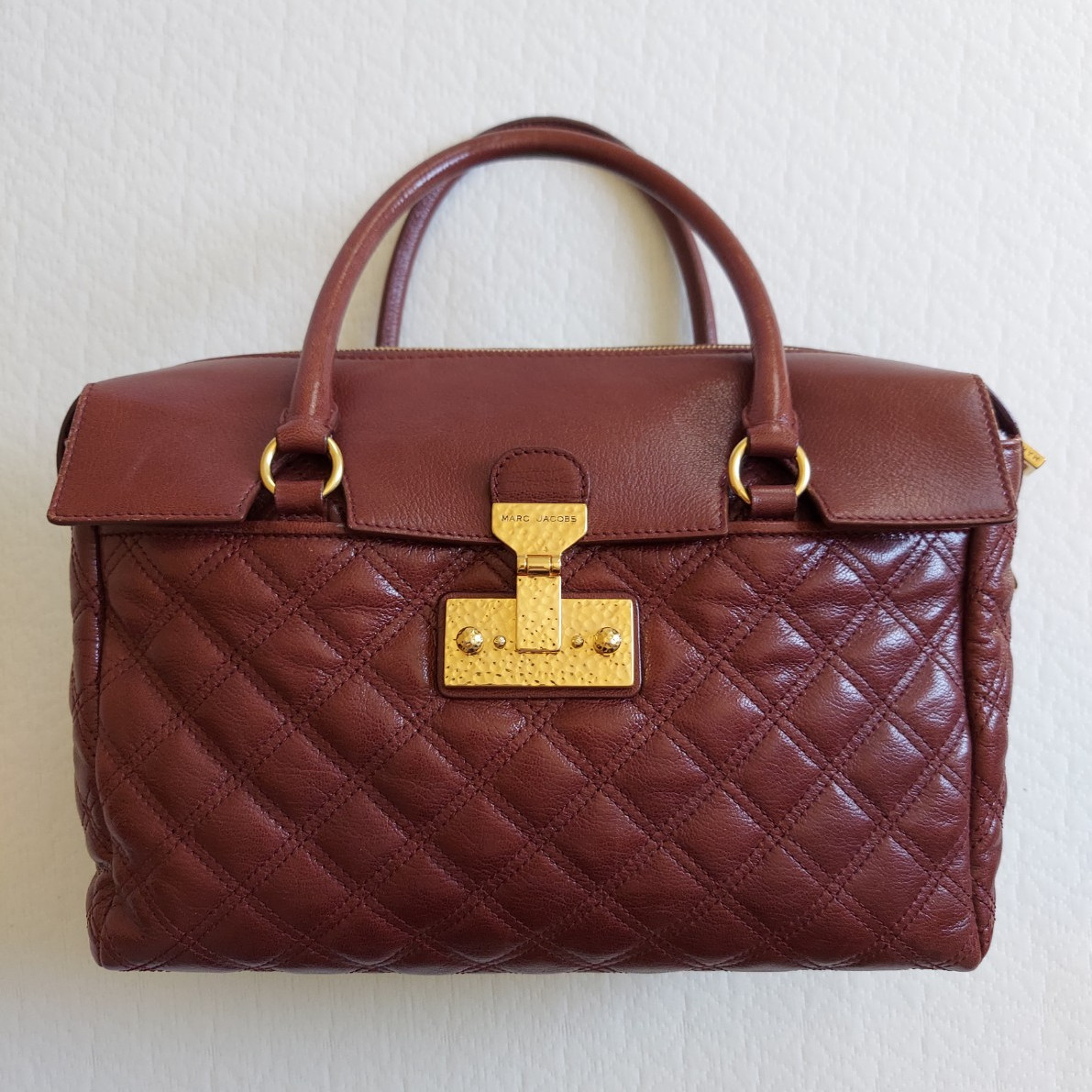 Marc Jacobs Brown Quilted Satchel Top Handle Zip/Turn Lock, Pockets Gold