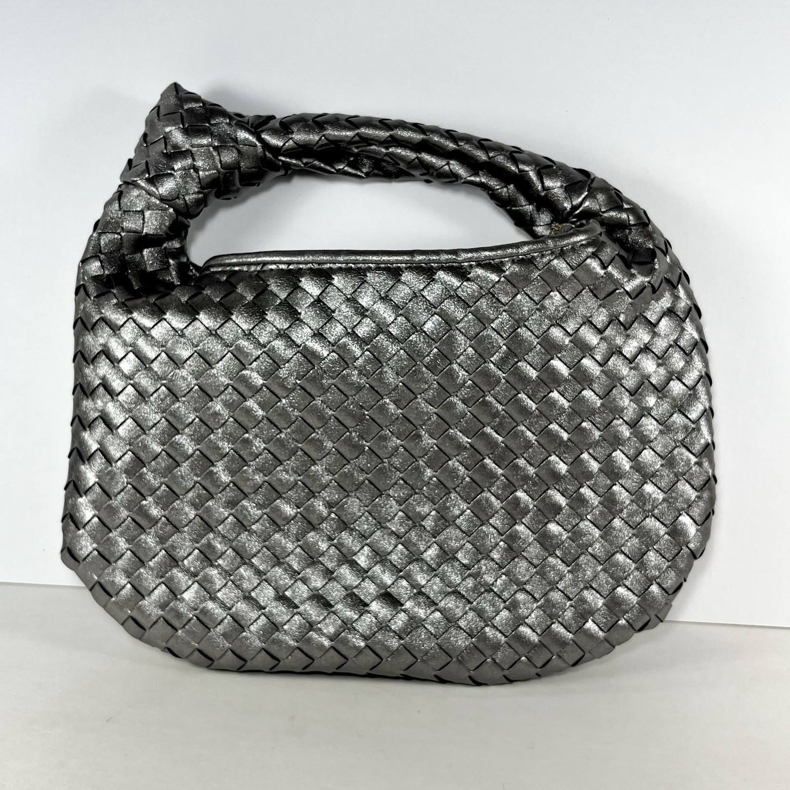 Melie Bianco Brigitte Woven Small Satchel Bag Faux Leather Metallic Silver