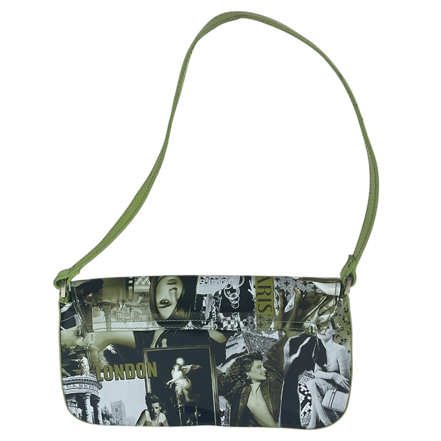 Y2K Photo Collage Shoulder Bag Green Faux Leather Paris Rome London Baguette Pur