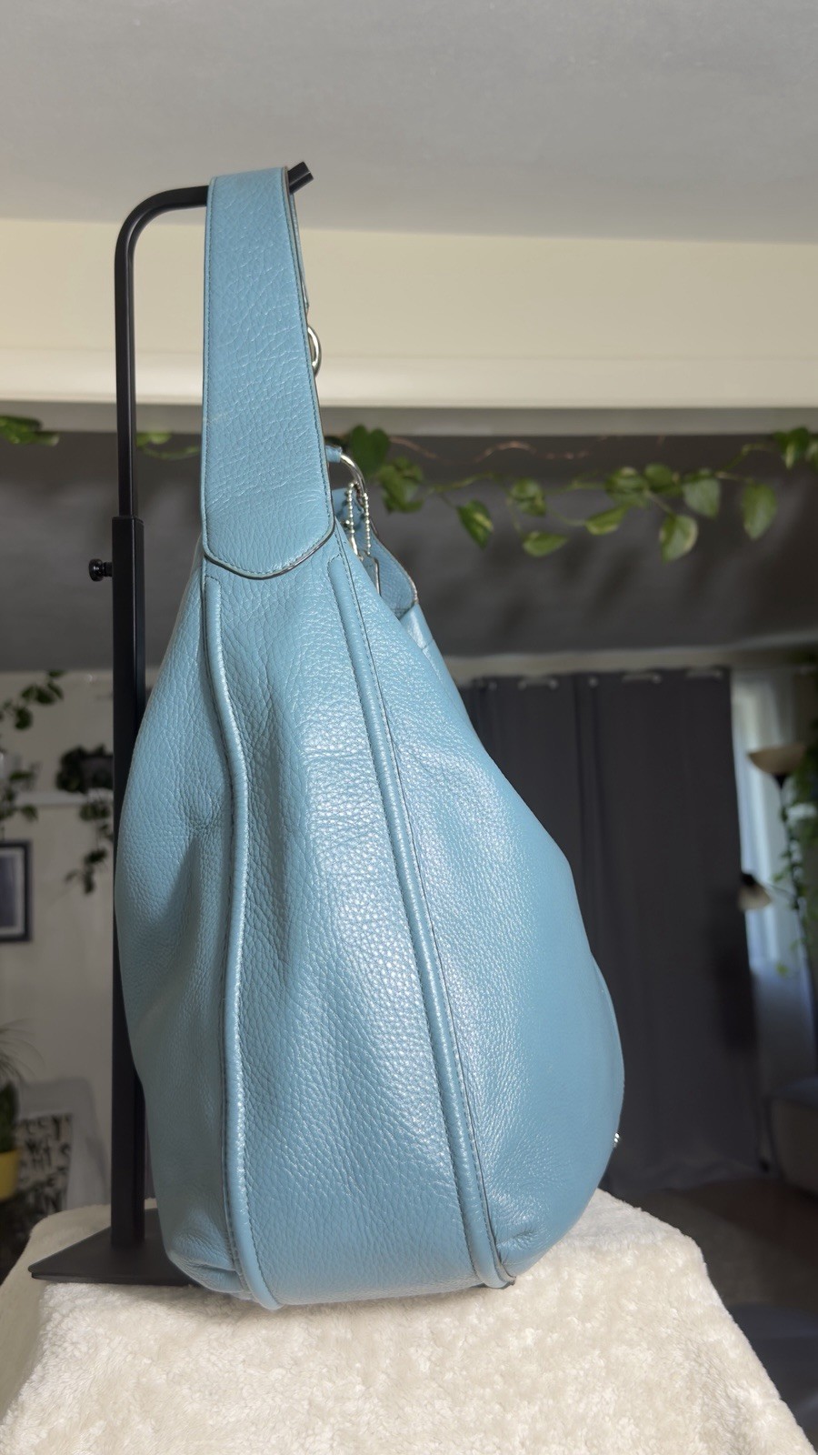 COACH F23309 Avery Blue Pebbled Leather Hobo Shoulder Bag Slouchy Tote Silver HW