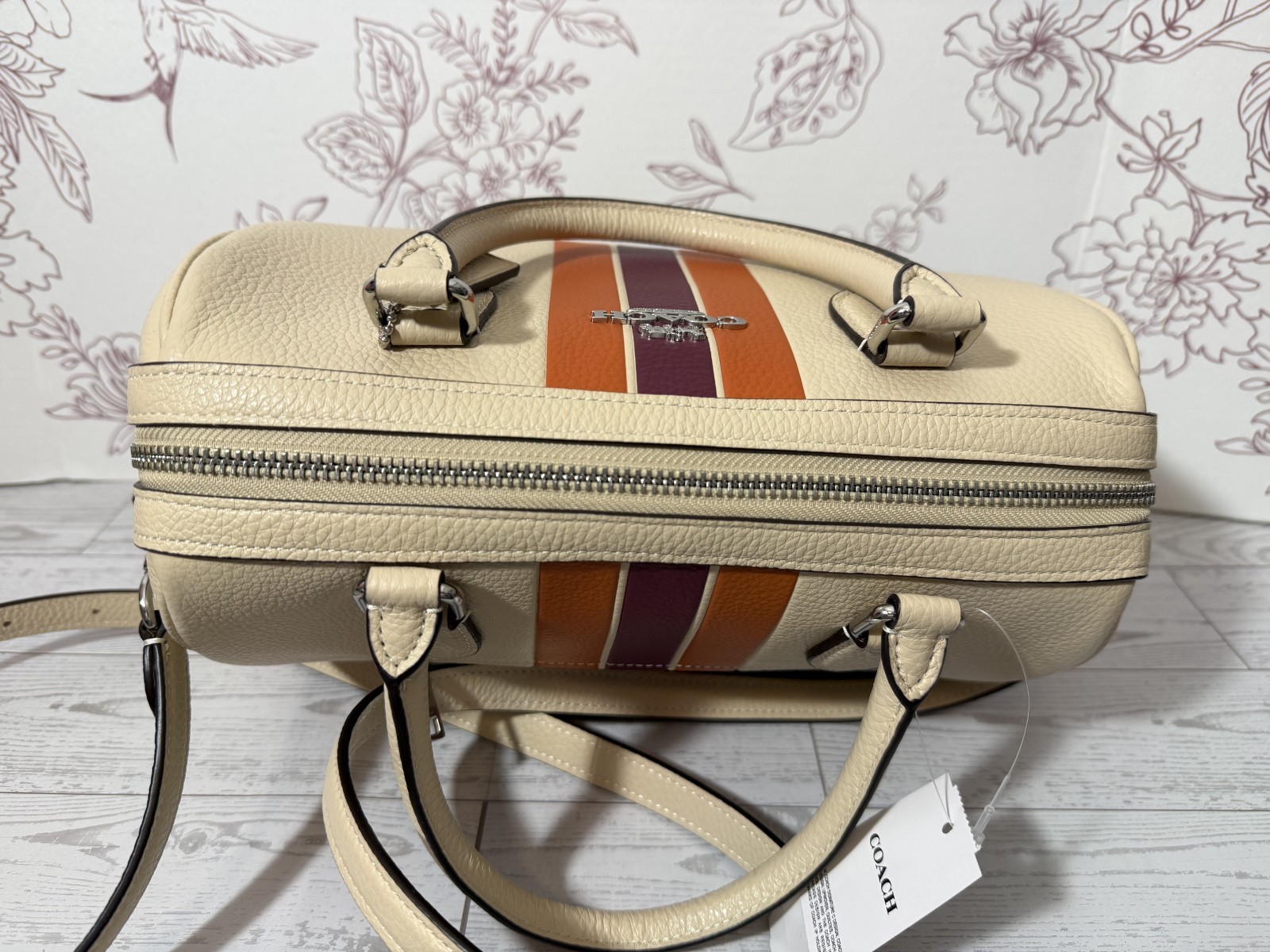 COACH Rowan Satchel Handbag Striped CAO70 Orange Purple Leather Women’s NWT