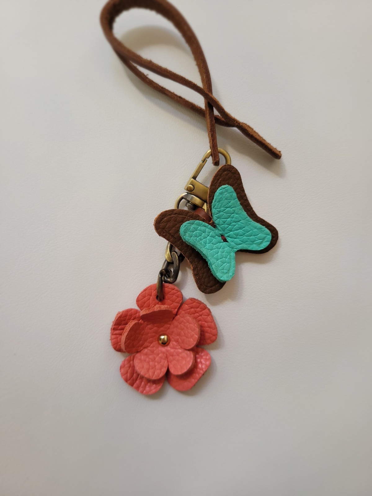 Full grain Calfskin Leather bag charm flower and butterfly hand made in USA