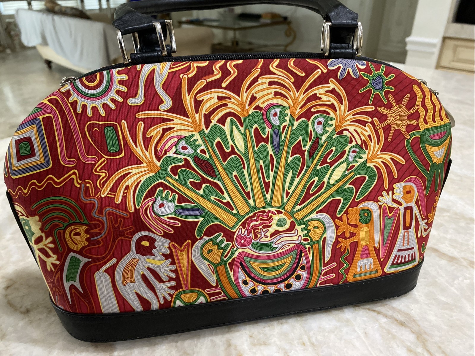 Pineda Covalin Silk & Leather Dome Handbag Vibrant Red Handmade Mexico