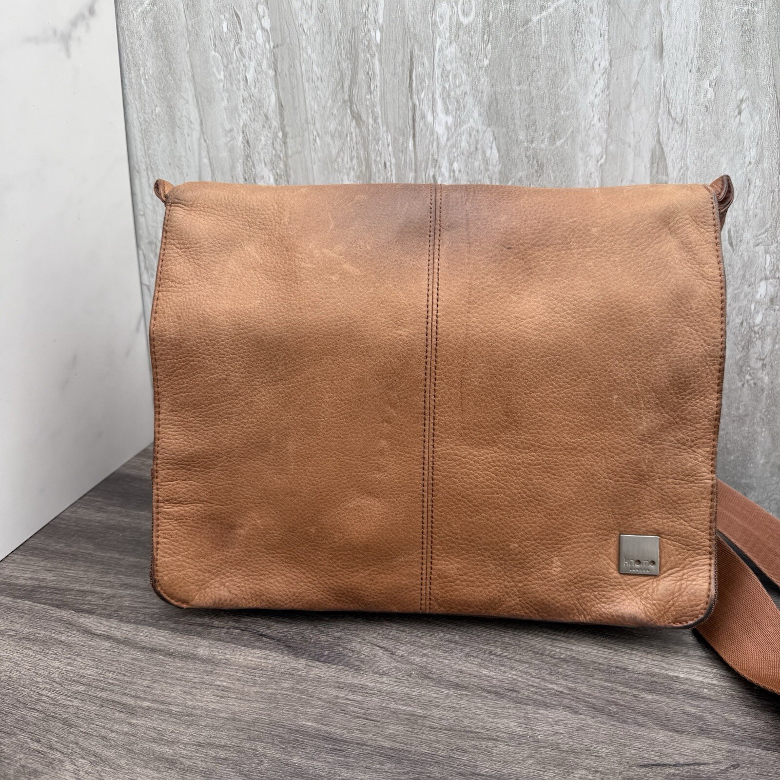Knomo Messenger Laptop Bag 13in Light Brown Leather Adjustable Strap Crossbody