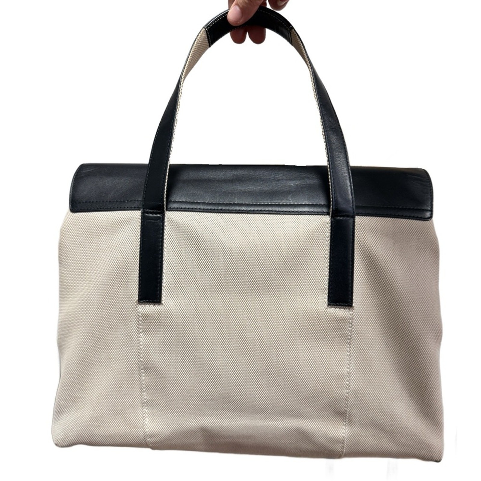 Bulgari Black Leather and Cream Canvas Bag