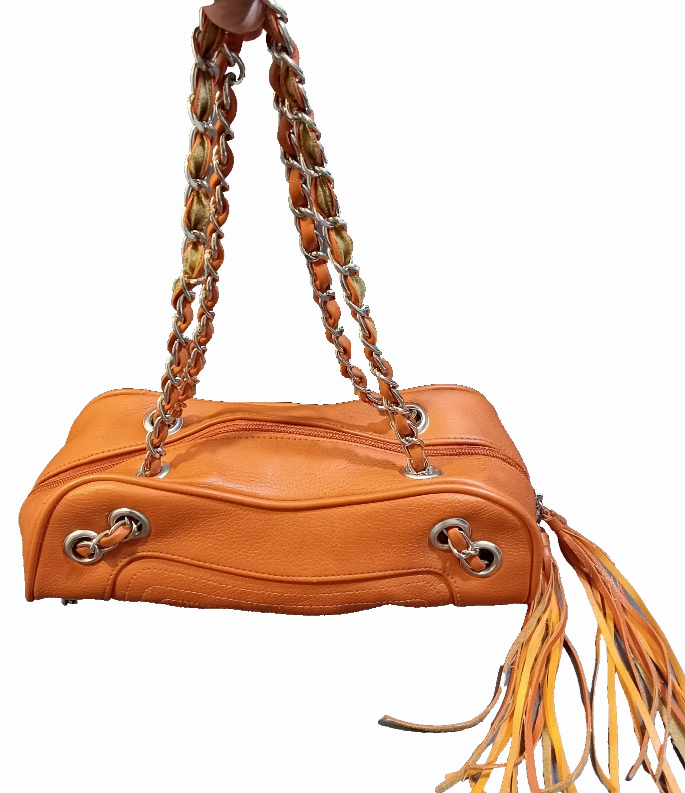 Vintage Clutch Shoulder Handbag Orange Gold Tone Double Chain Straps Tassels
