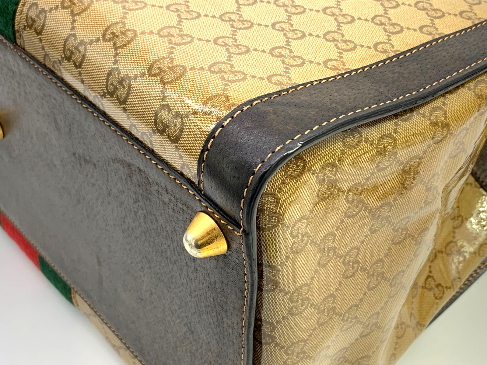 GUCCI VINTAGE Web Stripe Handbag Flap Canvas Brown Rare Authentic