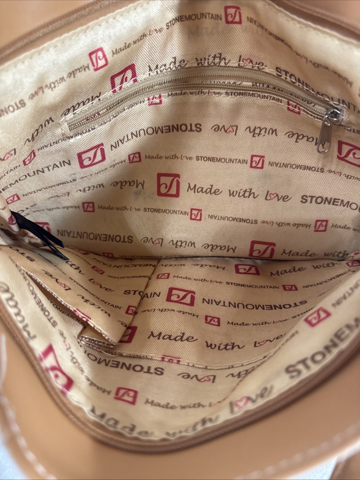 Stone Mountain Purse Beige Black Shoulder Straps Canvas 12” X 9”