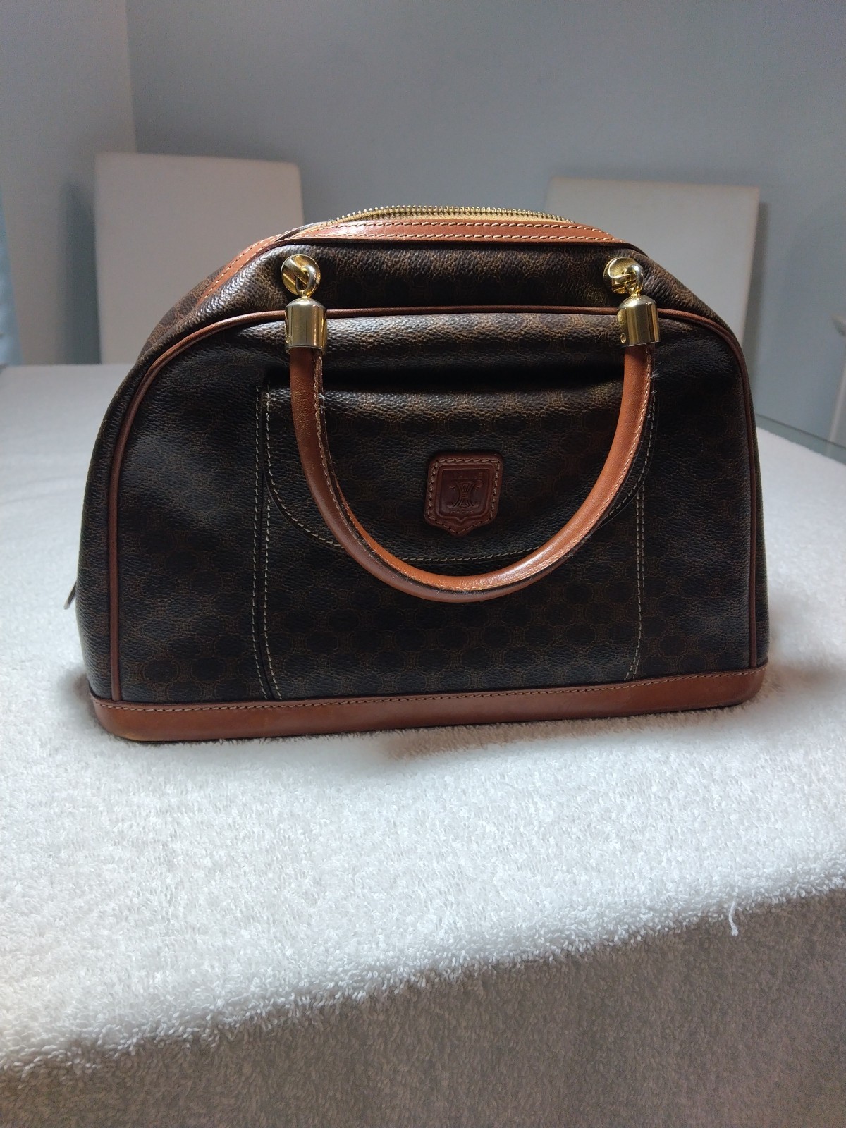 Authentic Celine Paris Macadam Pattern PVC X Leather Brown MC97/2 NS050110