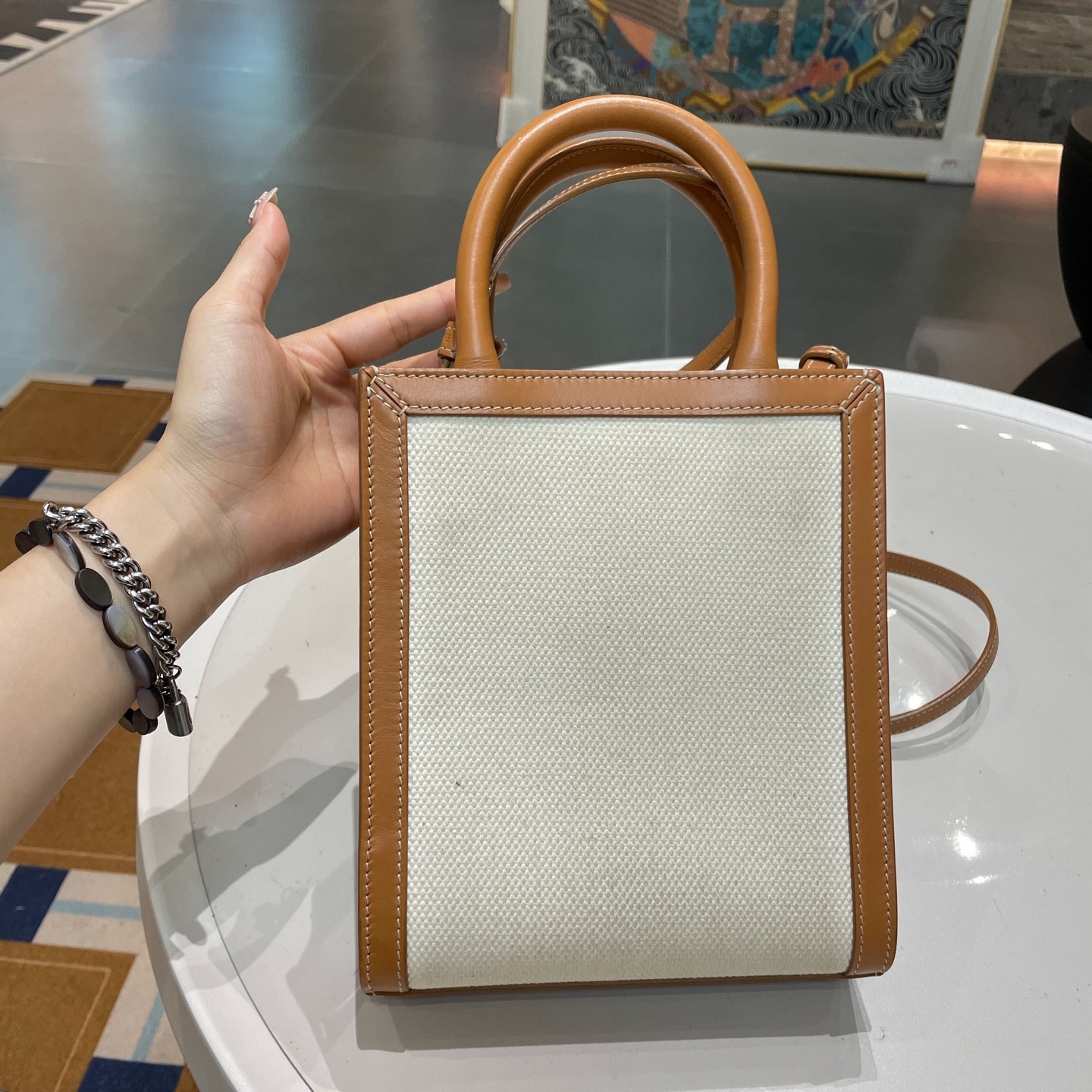 Preloved Celine Mini Vertical Tote Off White Canvas Tan Leather Crossbody bag