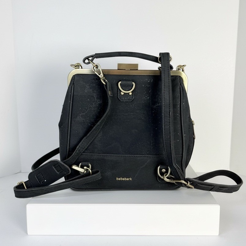 Laflore Paris Bebebark Black Cork Convertible Crossbody Backpack Clutch Brass