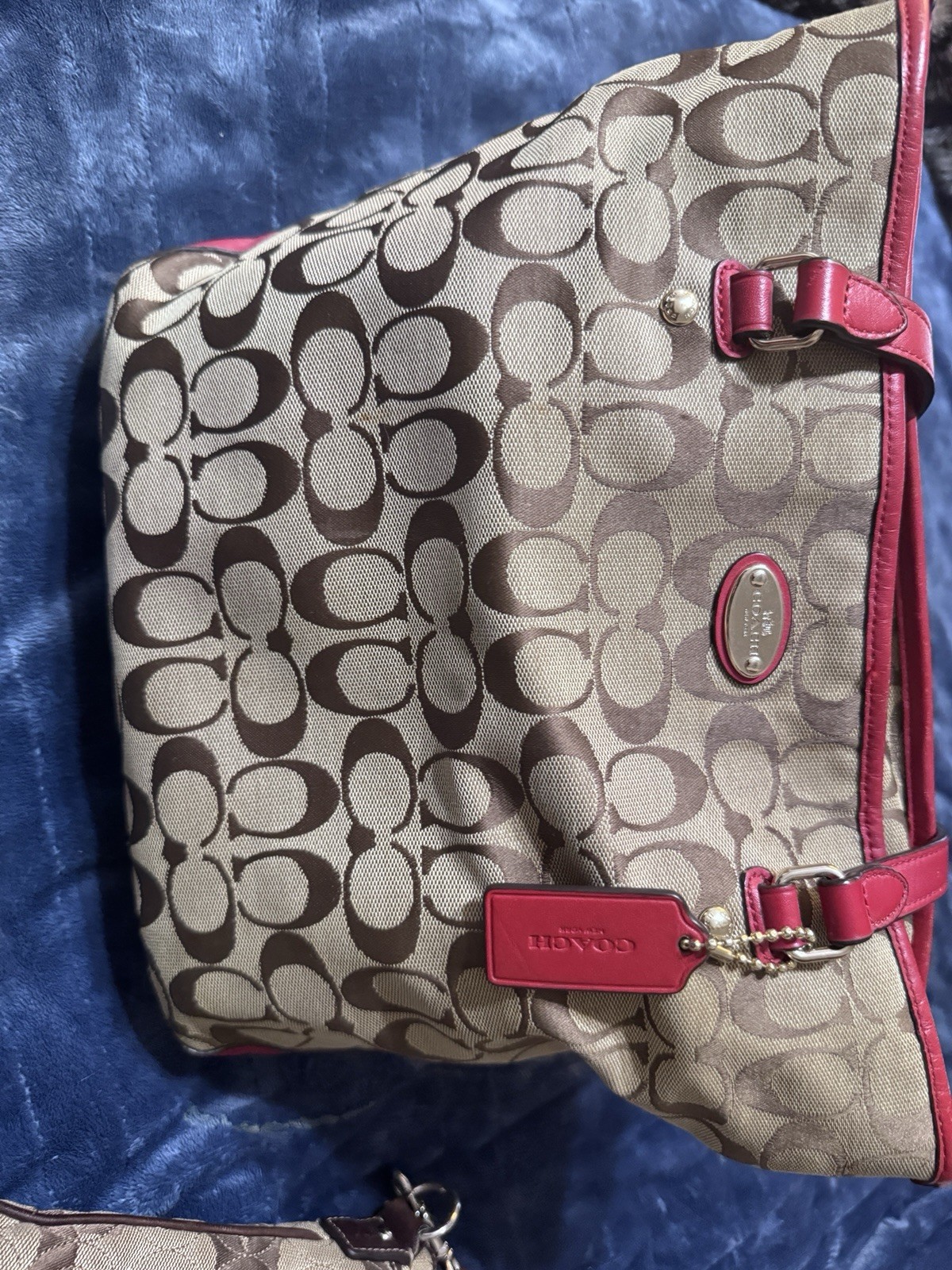 Coach Signature Canvas Tote Bag Red Leather Trim Shoulder Purse Hangtag EUC