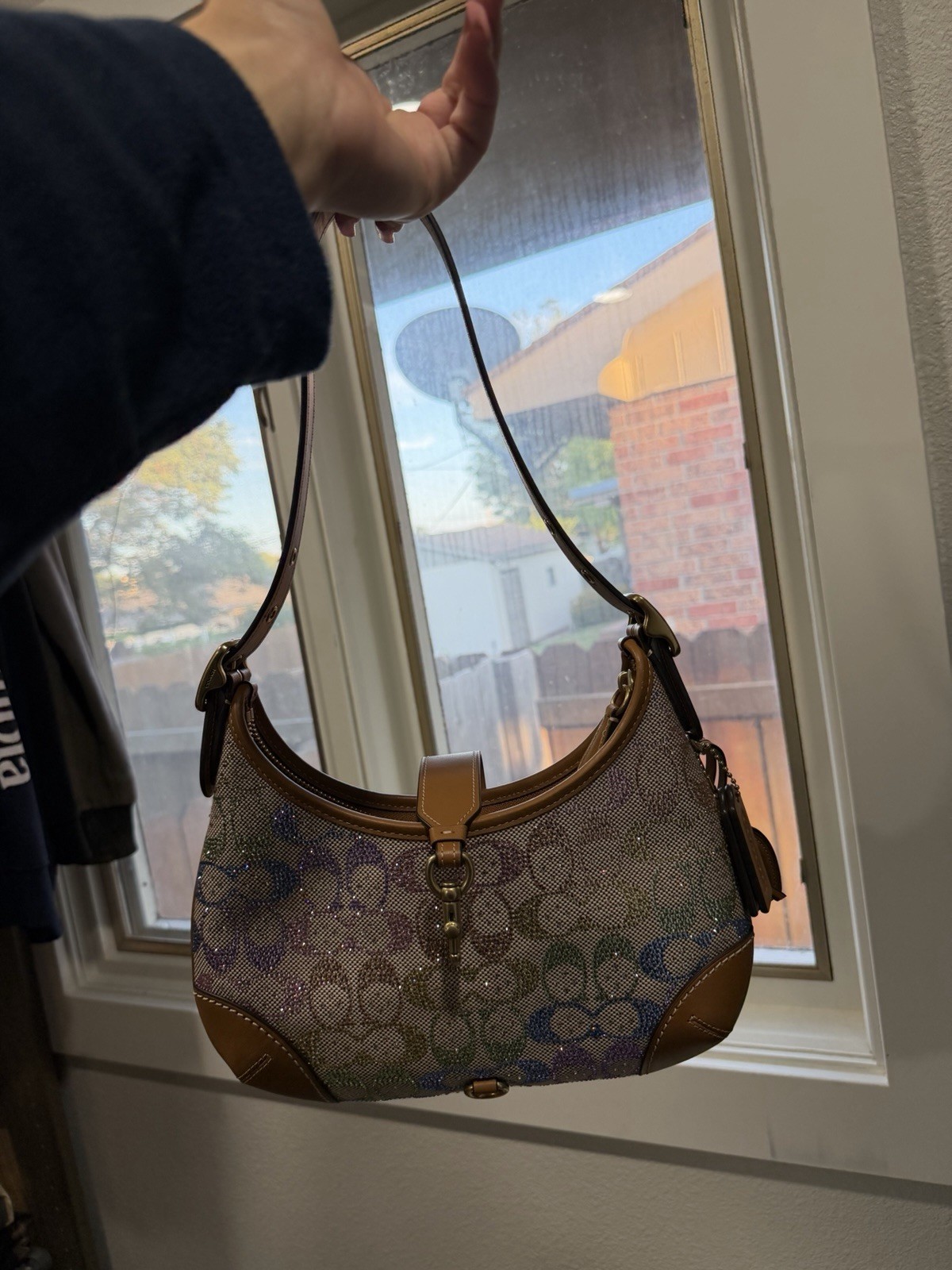 Coach Signature Small Hobo Shoulder Bag Multicolor/Brown Zip Lined Charm