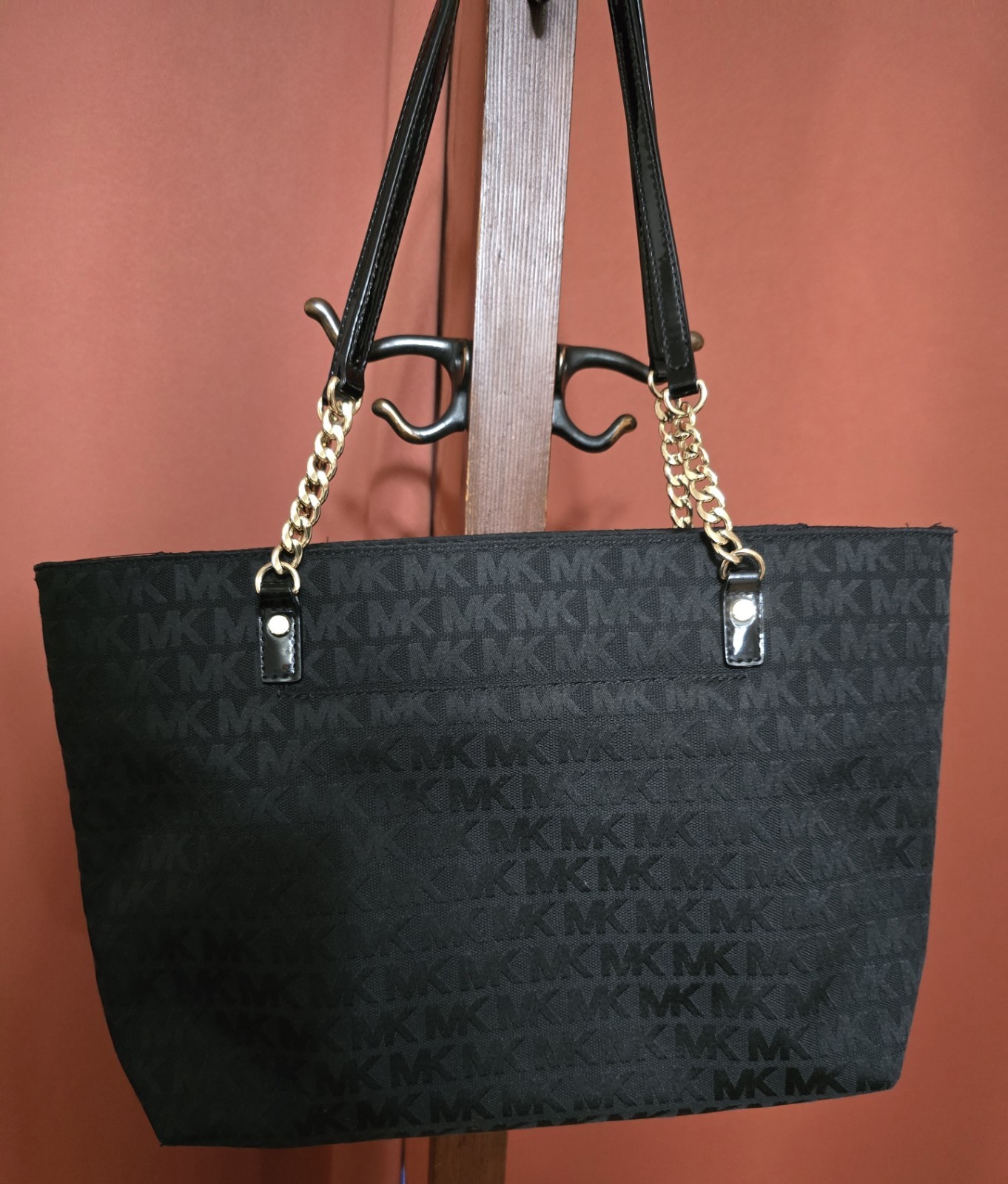 Michael Kors Monogramed Large Black Leather Tote Purse Shoulder Bag