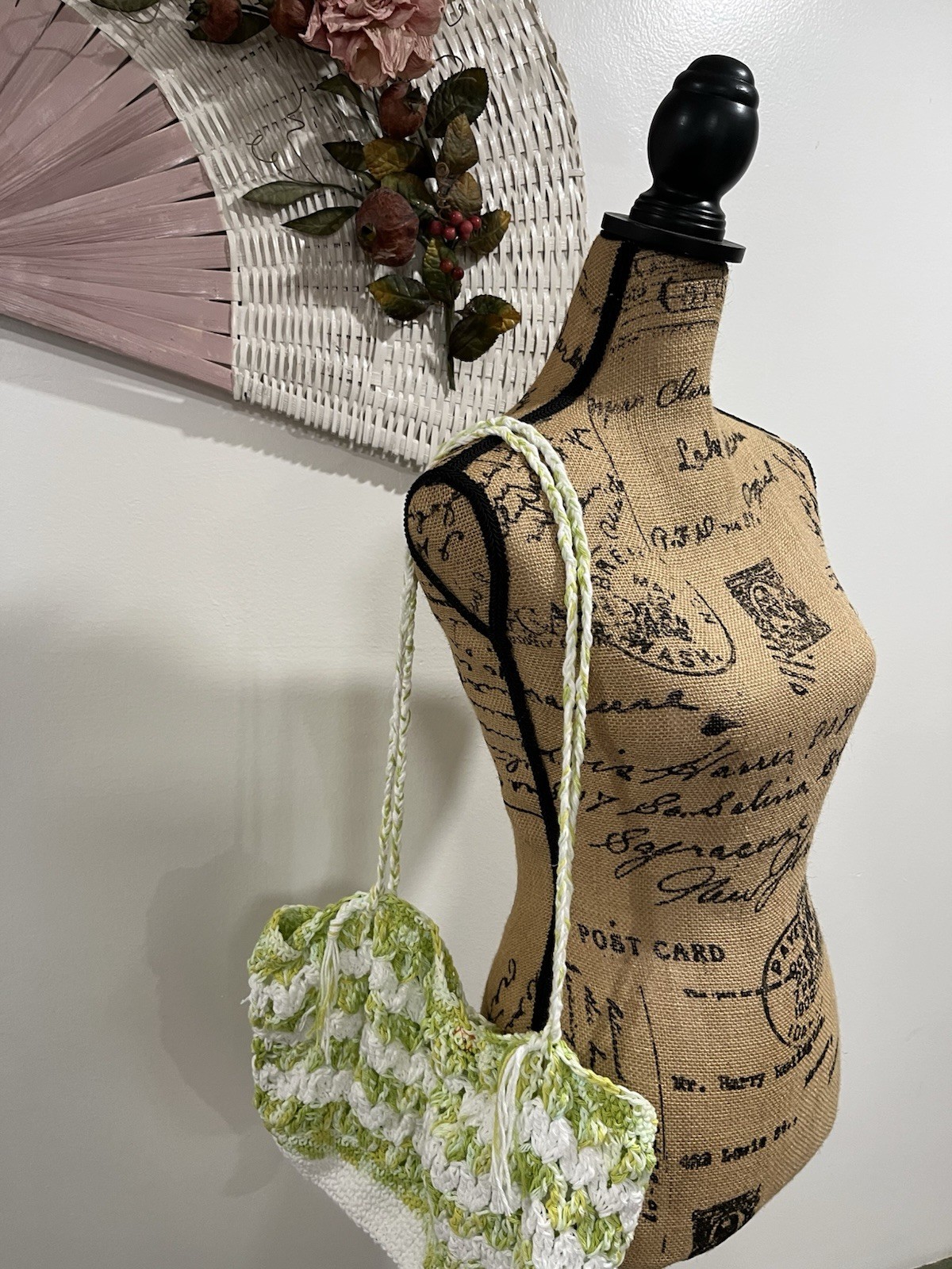 Women’s Handmade Crochet Shoulder Bag White & Green Striped Drawstring Fringe