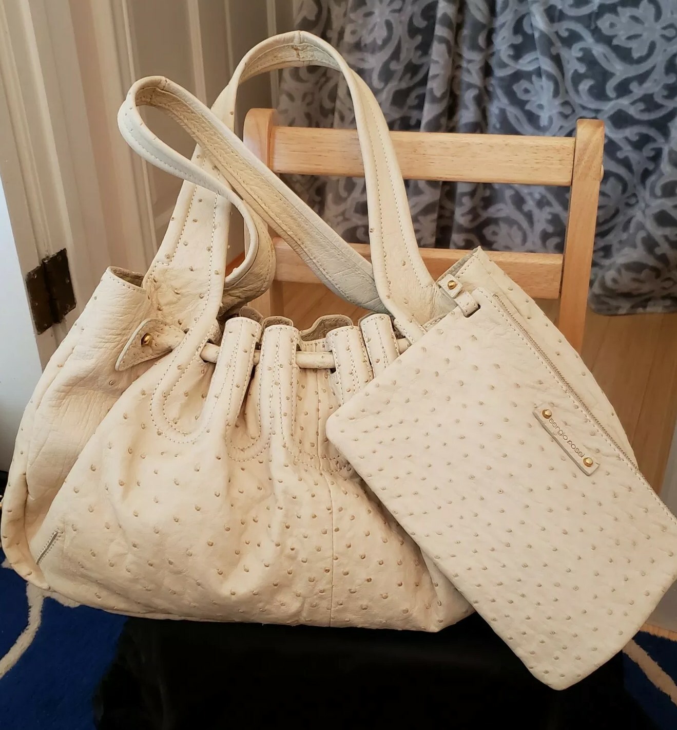 Sergio Rossi Handbag with Pochette OFFWhite Ostrich Skin Shoulder Bag & Pouch