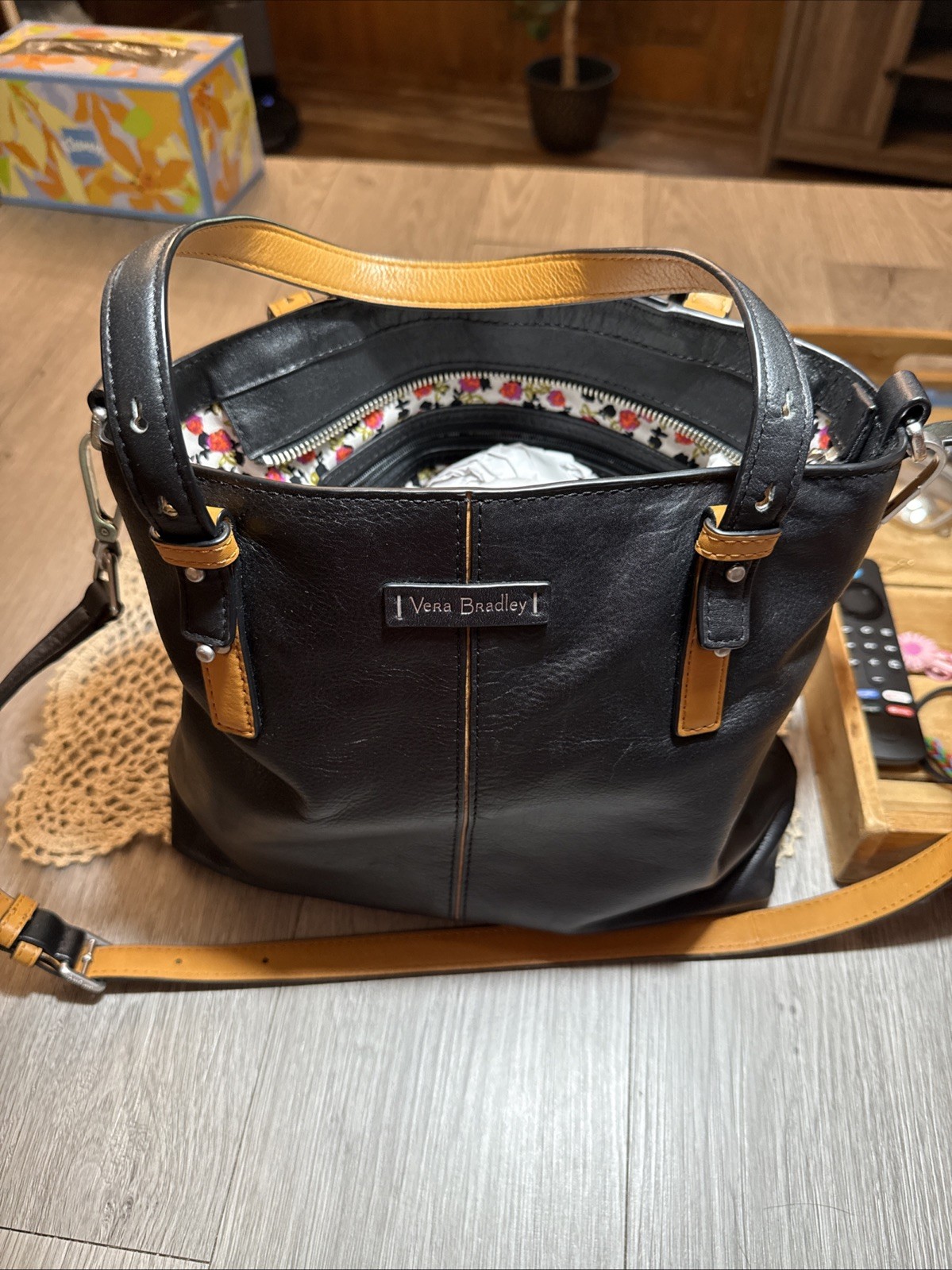 Vera Bradley Black Leather Purse Floral Interior Shoulder Bag