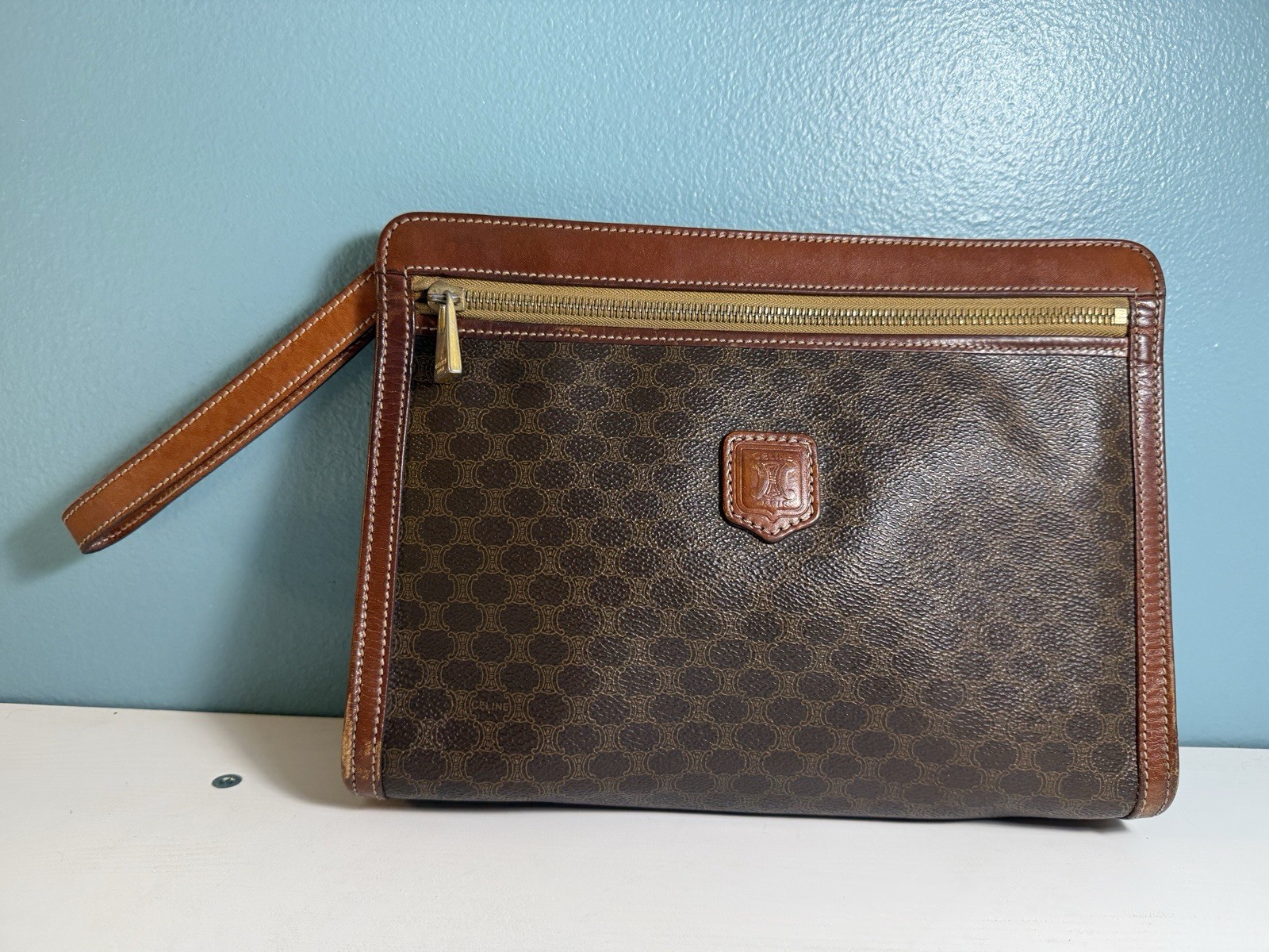 CELINE Macadam Triomphe Brown Clutch Wristlet Bag Gold Hardware Vintage
