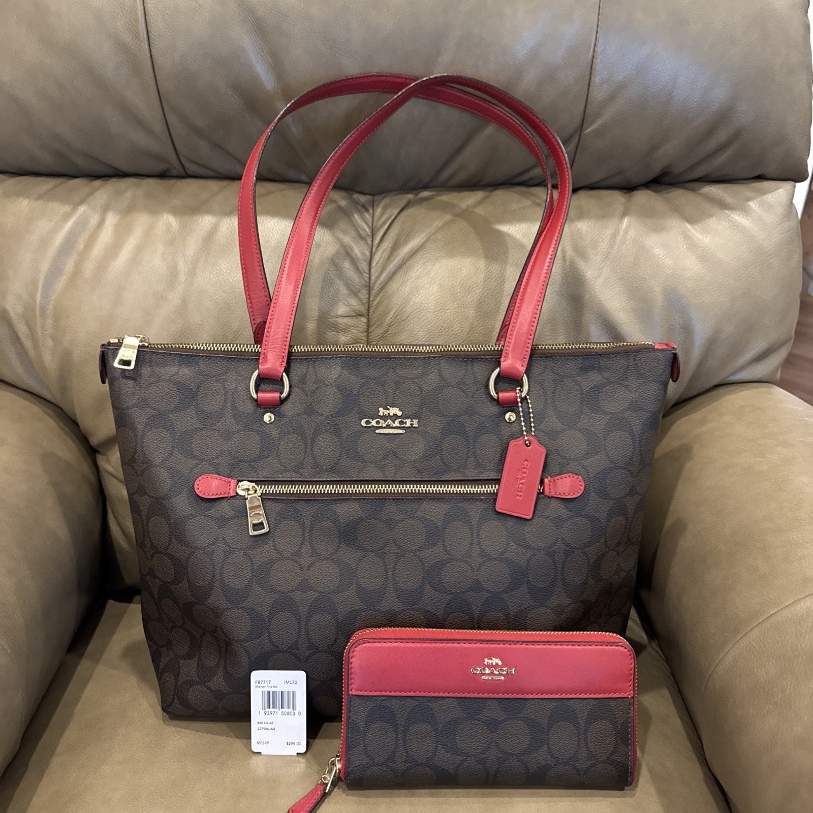 COACH IM/Brown True Red Signature Shoulder Bag Purse Tote F79609 & Wallet