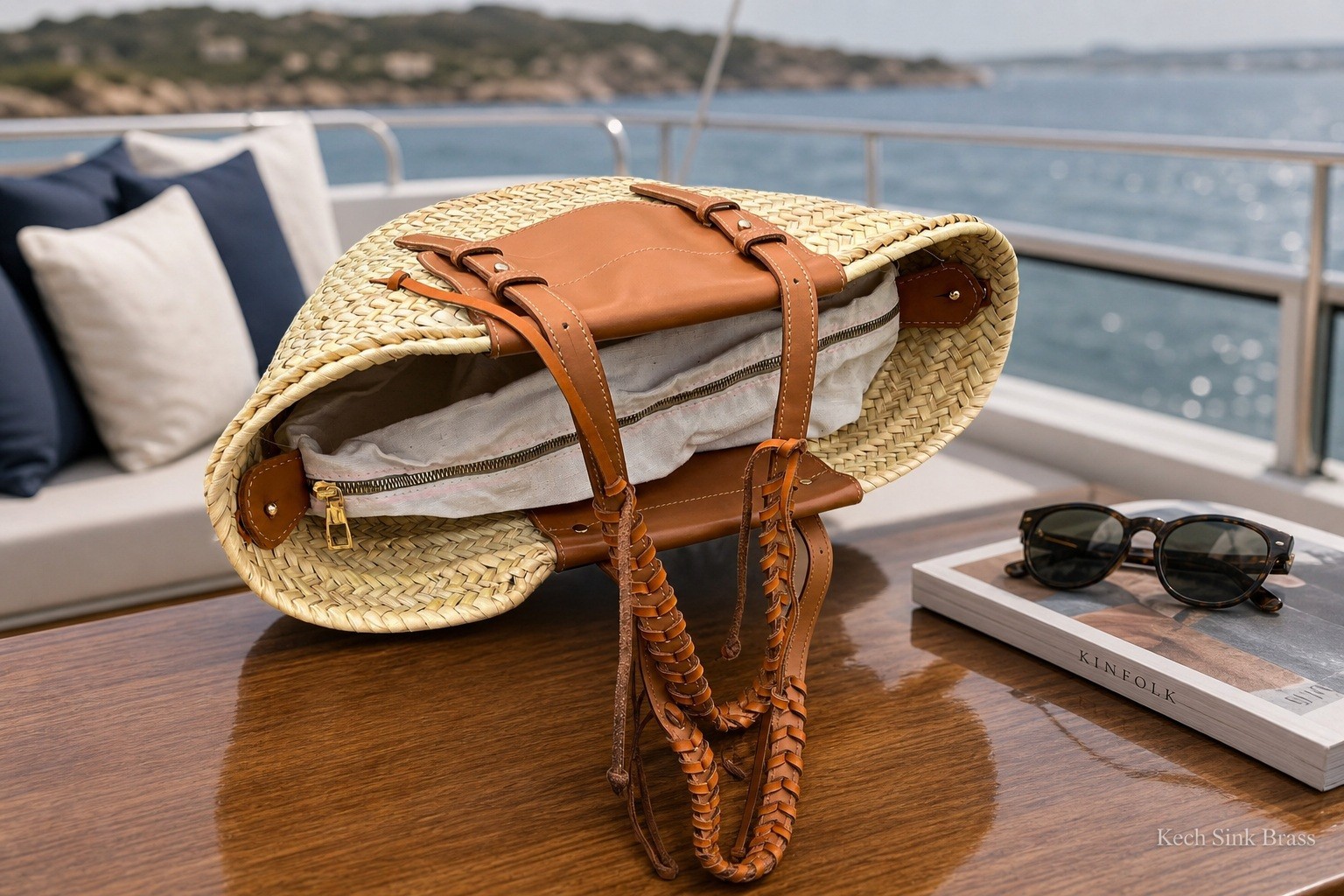 Handmade Moroccan Straw Tote Bag Braided Leather Handles, Zipper Pocket, Summer
