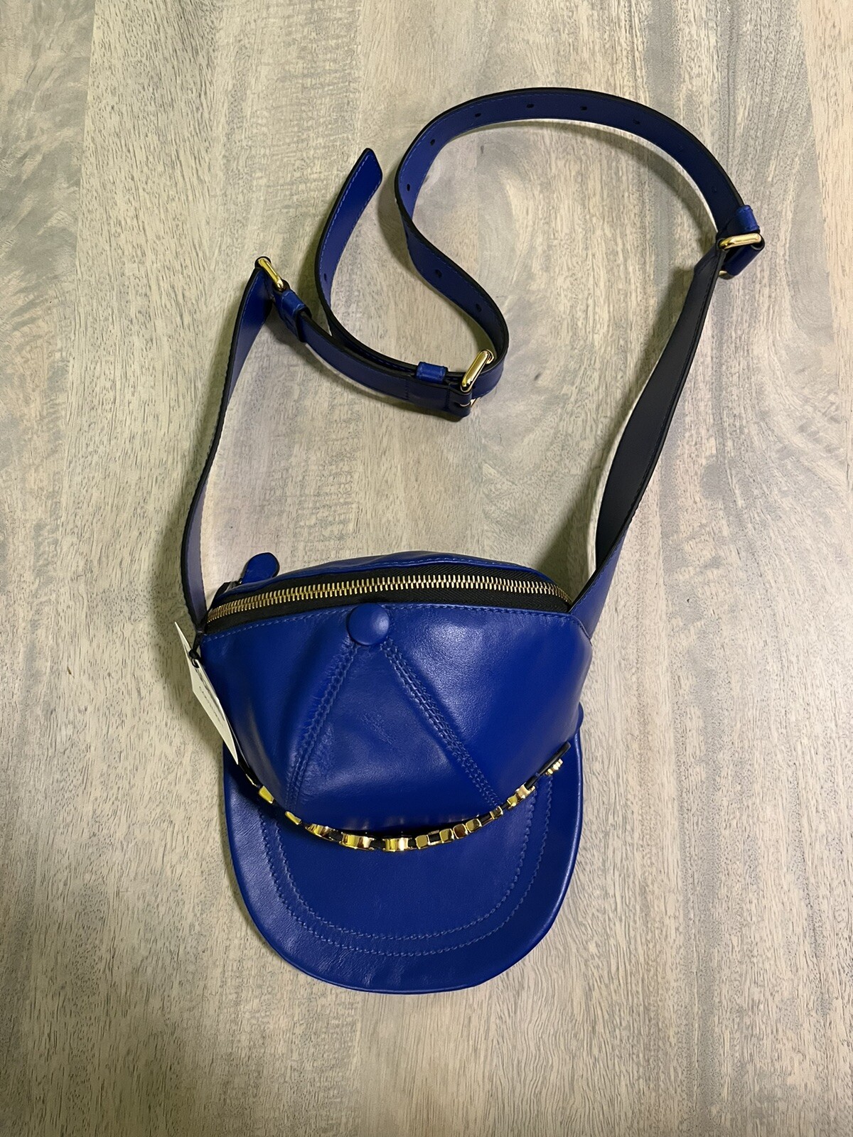 AW20 Moschino Couture Jeremy Scott LEATHER HAT SHAPED FANNY PACK BLUE GOLD LOGO.
